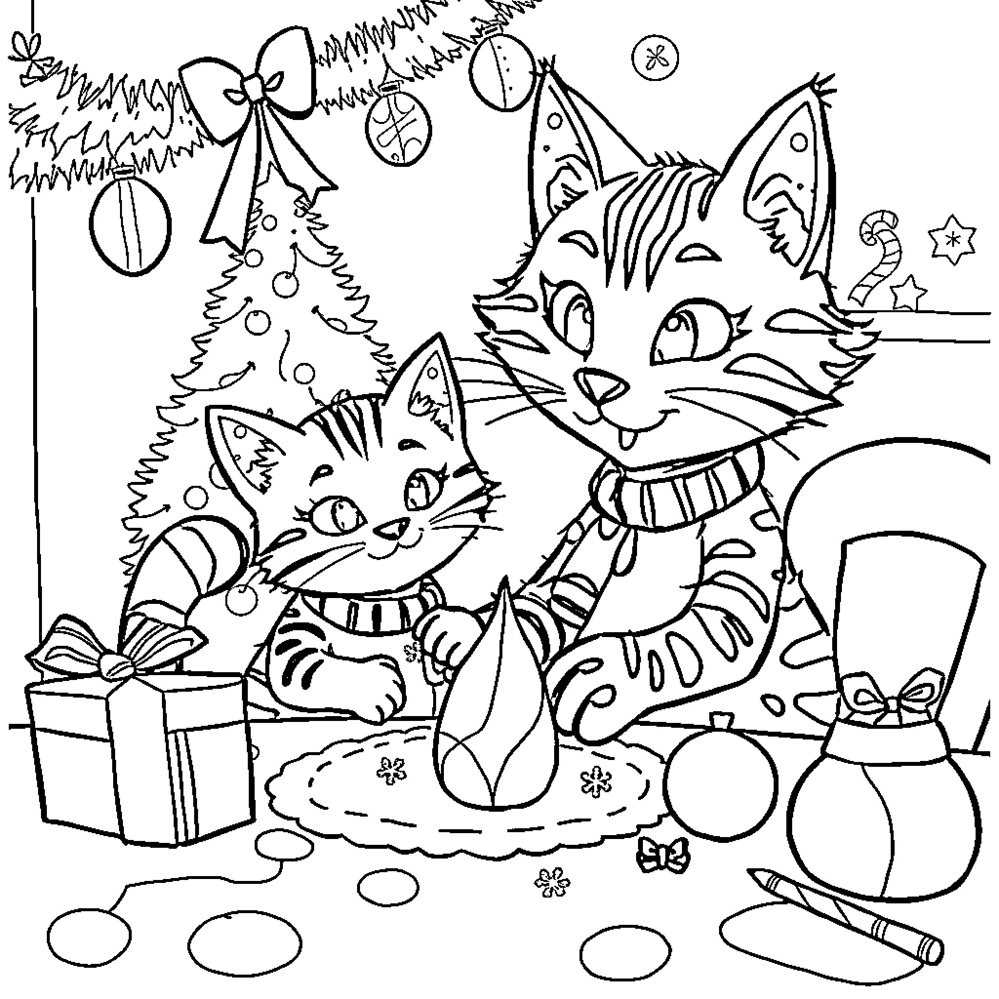Wildcat Kittens Celebrating Christmas Coloring Page (free black-and-white line drawing printable PDF for all, from beginners to advanced learners, including children, teens, adults, and seniors)