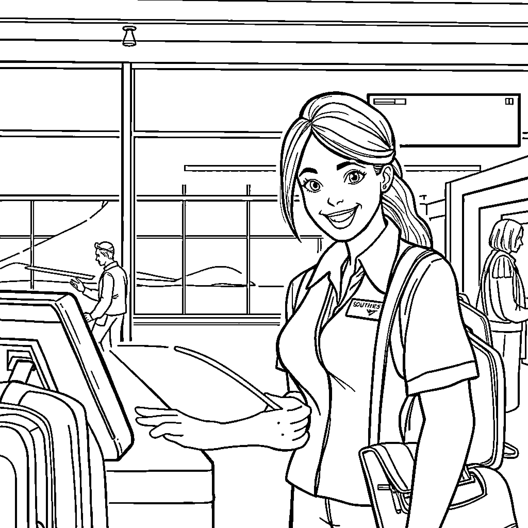 Customer Service Agent Smiling and Assisting Customer Coloring Page (free black-and-white line drawing printable PDF for all, from beginners to advanced learners, including children, teens, adults, and seniors)