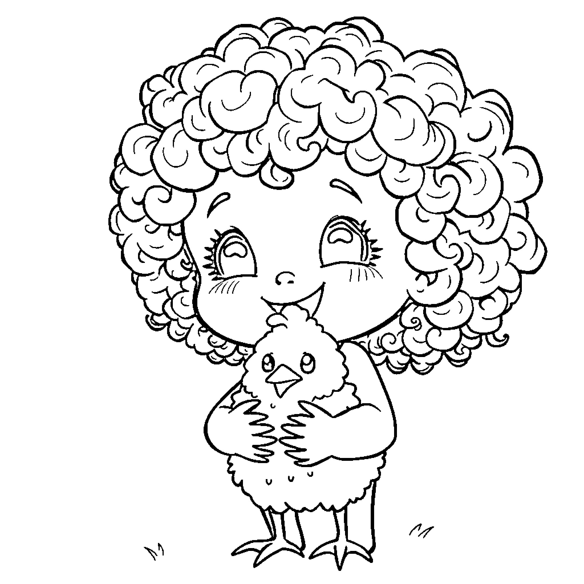 Toddler holding a cute chick with curly hair Coloring Page (free black-and-white line drawing printable PDF for all, from beginners to advanced learners, including children, teens, adults, and seniors)