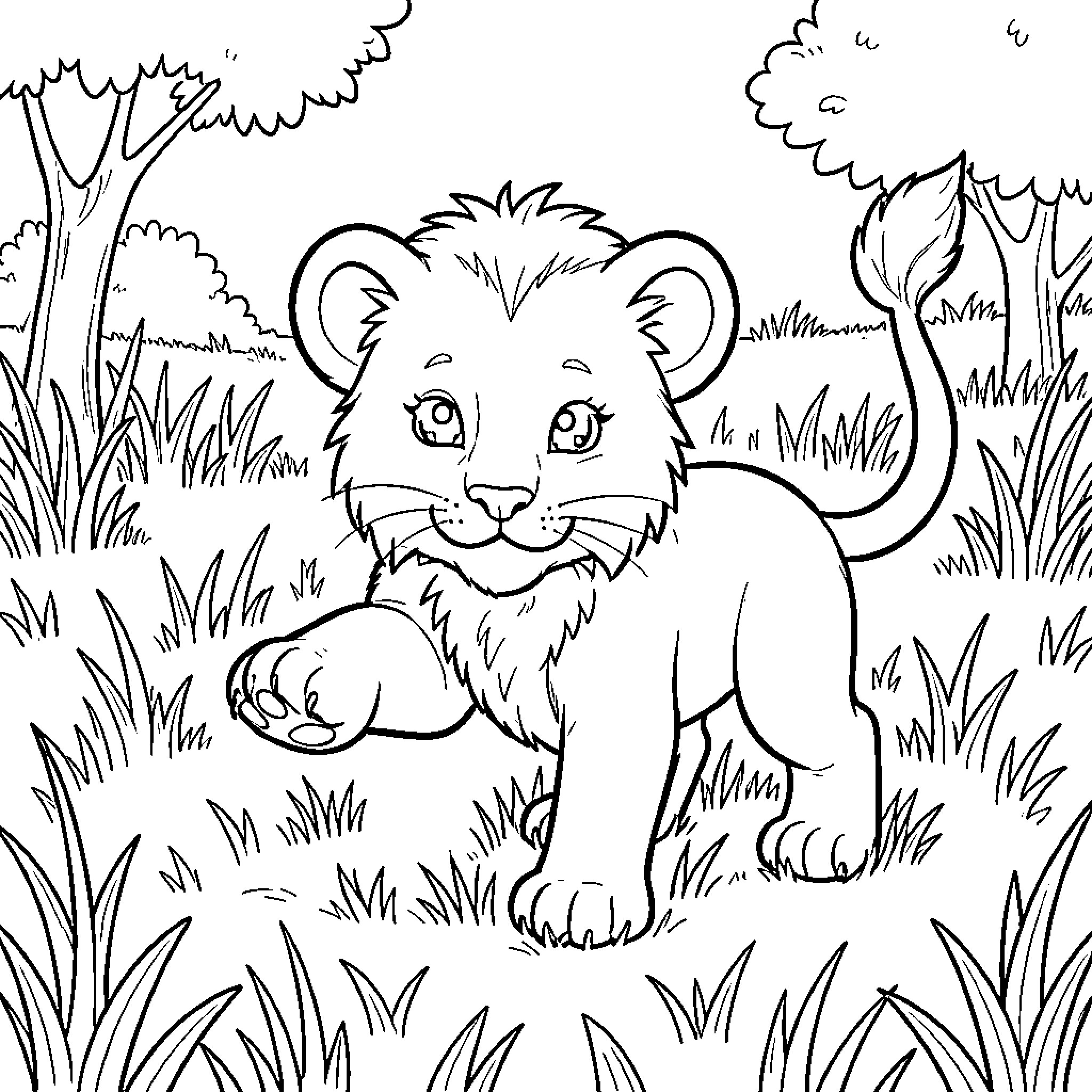 Lion cub exploring the lush jungle Coloring Page (free black-and-white line drawing printable PDF for all, from beginners to advanced learners, including children, teens, adults, and seniors)