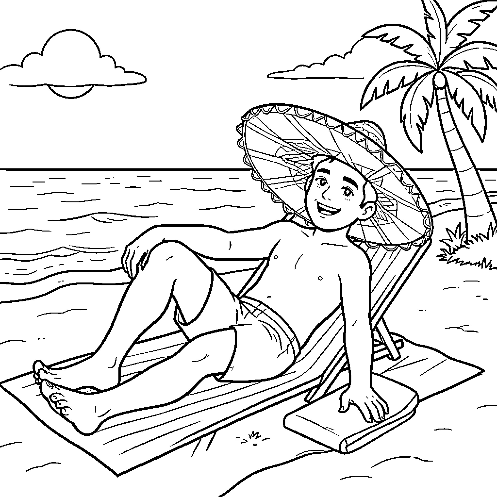 Rivoson relaxing on a beach lounge chair Coloring Page (free black-and-white line drawing printable PDF for all, from beginners to advanced learners, including children, teens, adults, and seniors)