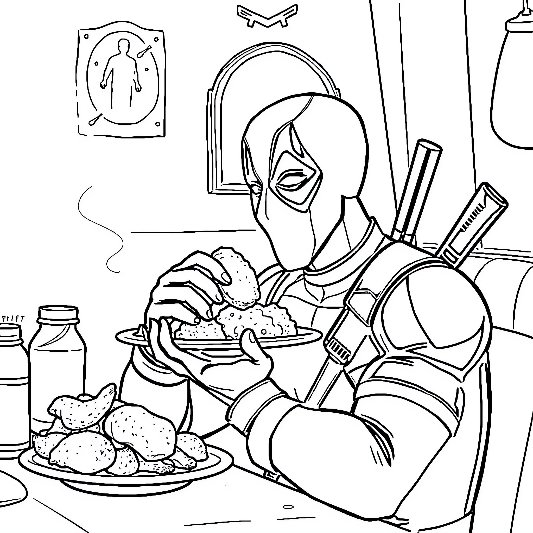 Deadpool enjoying a meal in his hideout Coloring Page (free black-and-white line drawing printable PDF for all, from beginners to advanced learners, including children, teens, adults, and seniors)