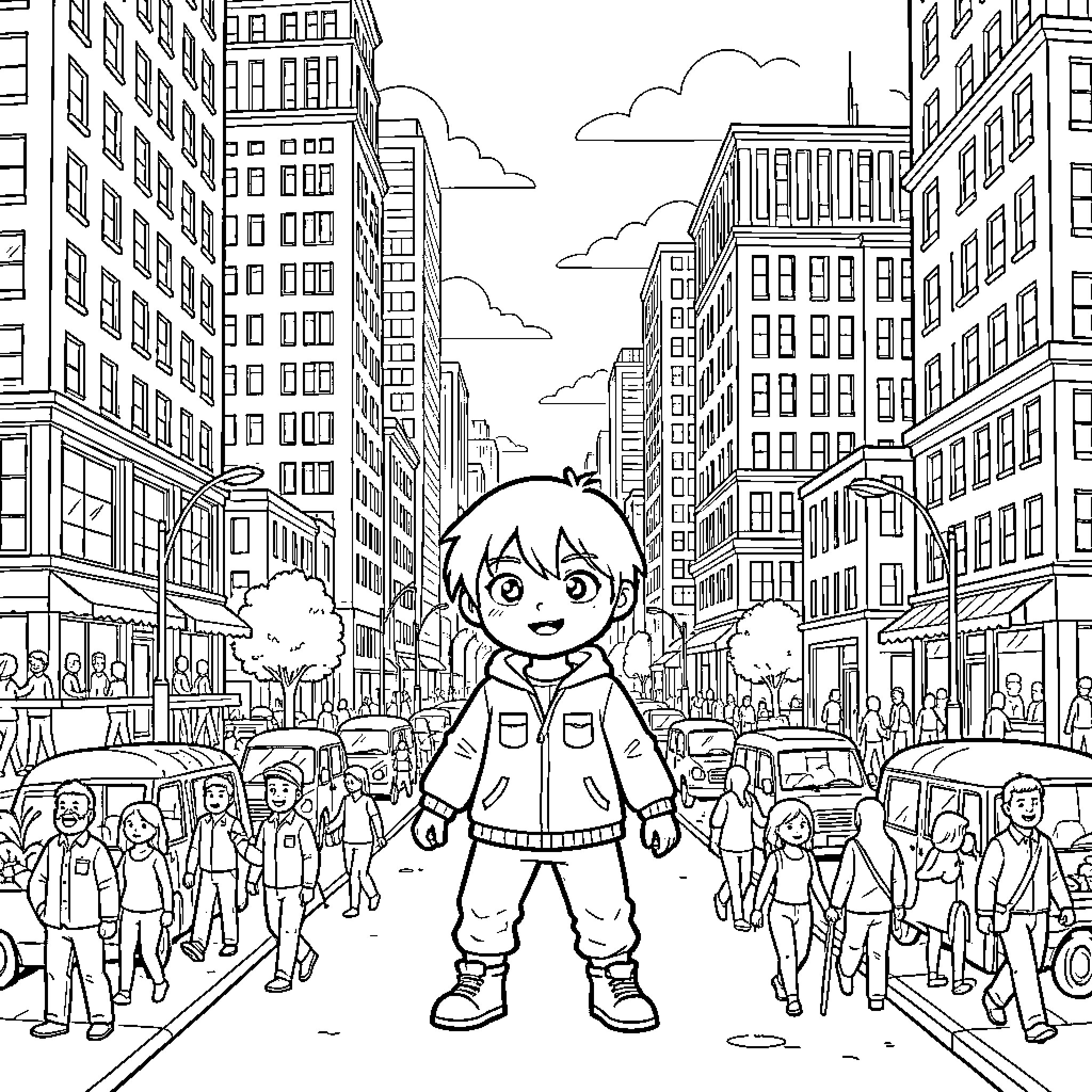 Spawn in the bustling city streets Coloring Page (free black-and-white line drawing printable PDF for all, from beginners to advanced learners, including children, teens, adults, and seniors)