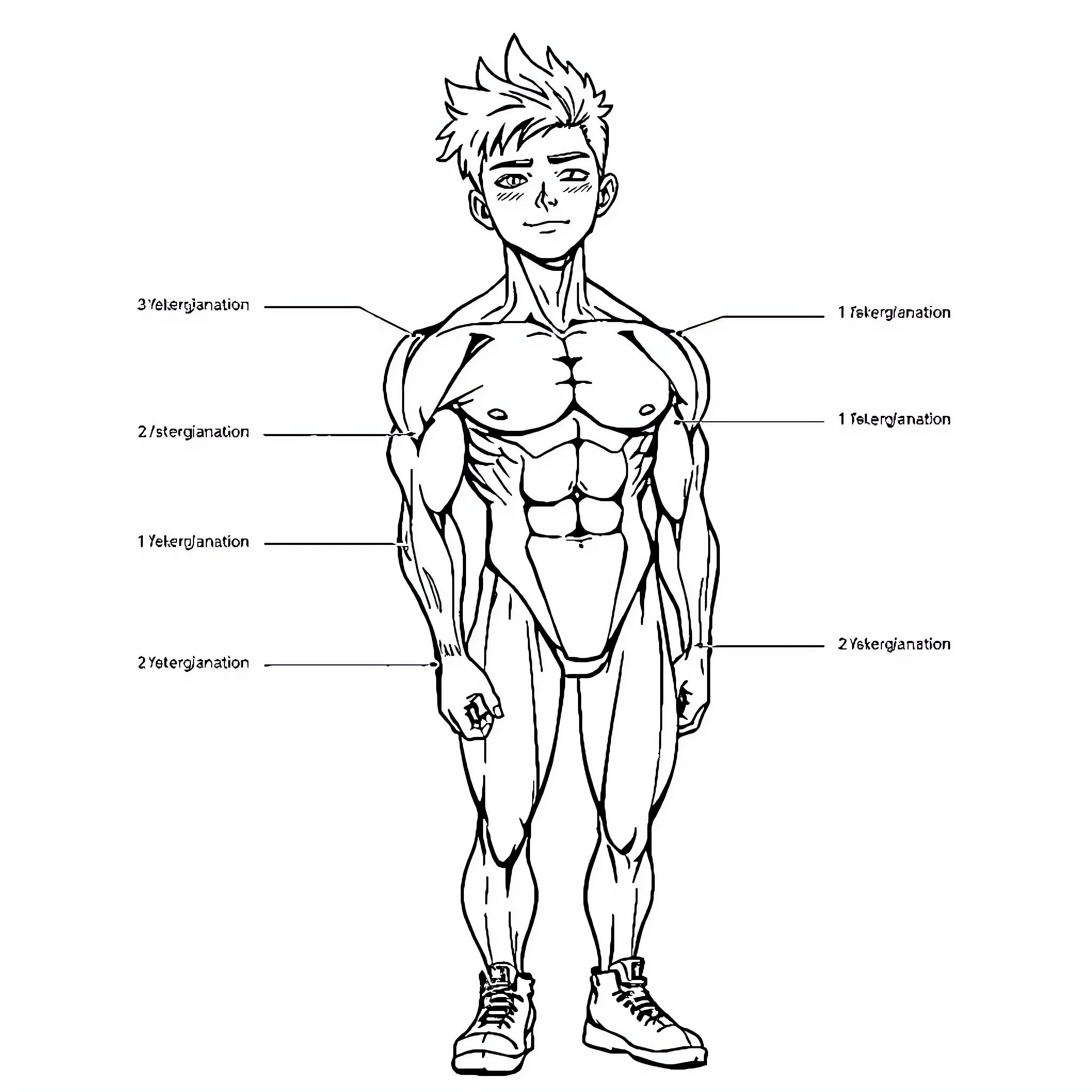 Manga Boy Muscular Anatomy Diagram Coloring Page (free black-and-white line drawing printable PDF for all, from beginners to advanced learners, including children, teens, adults, and seniors)