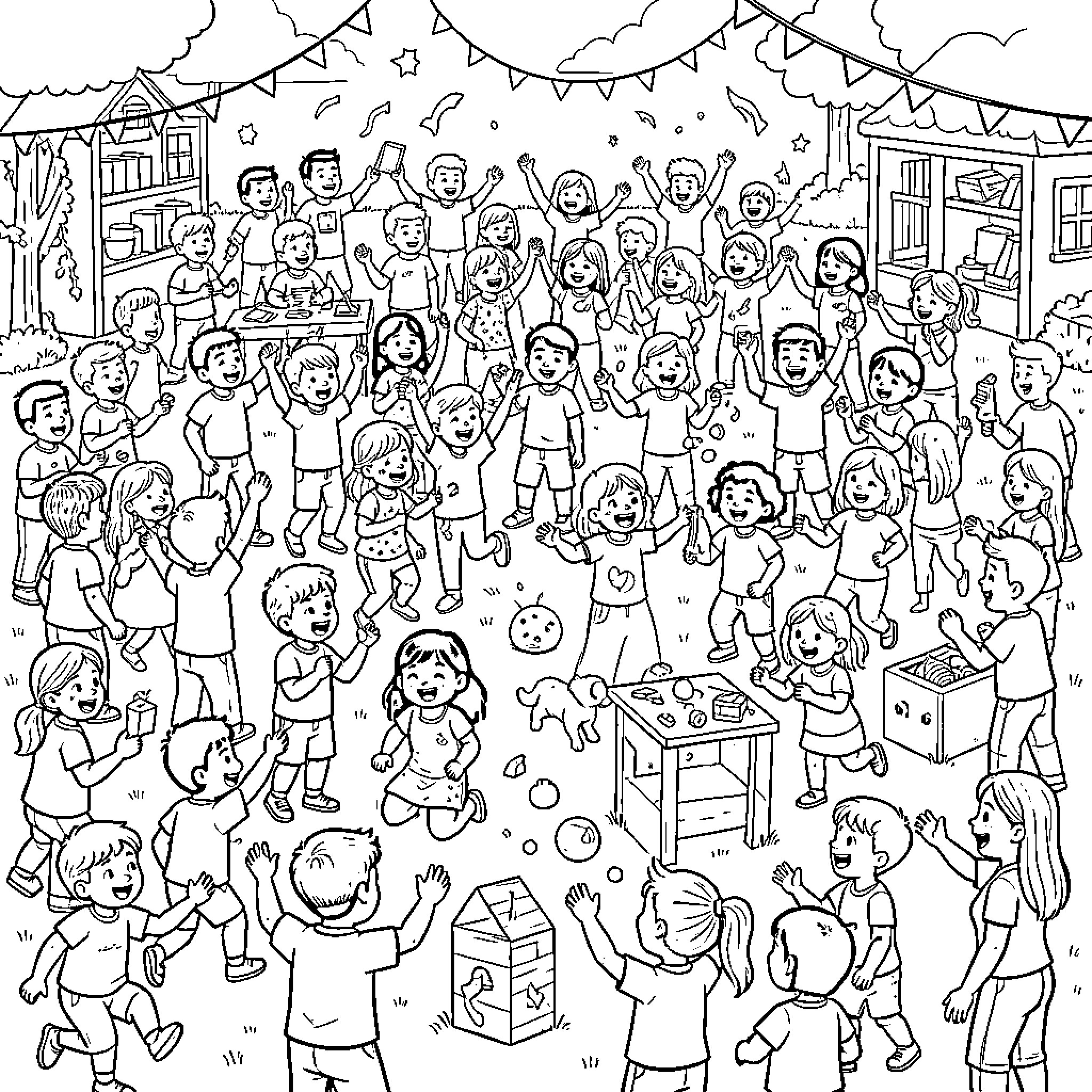 Bananza of joyful children celebrating at an outdoor party Coloring Page (free black-and-white line drawing printable PDF for all, from beginners to advanced learners, including children, teens, adults, and seniors)