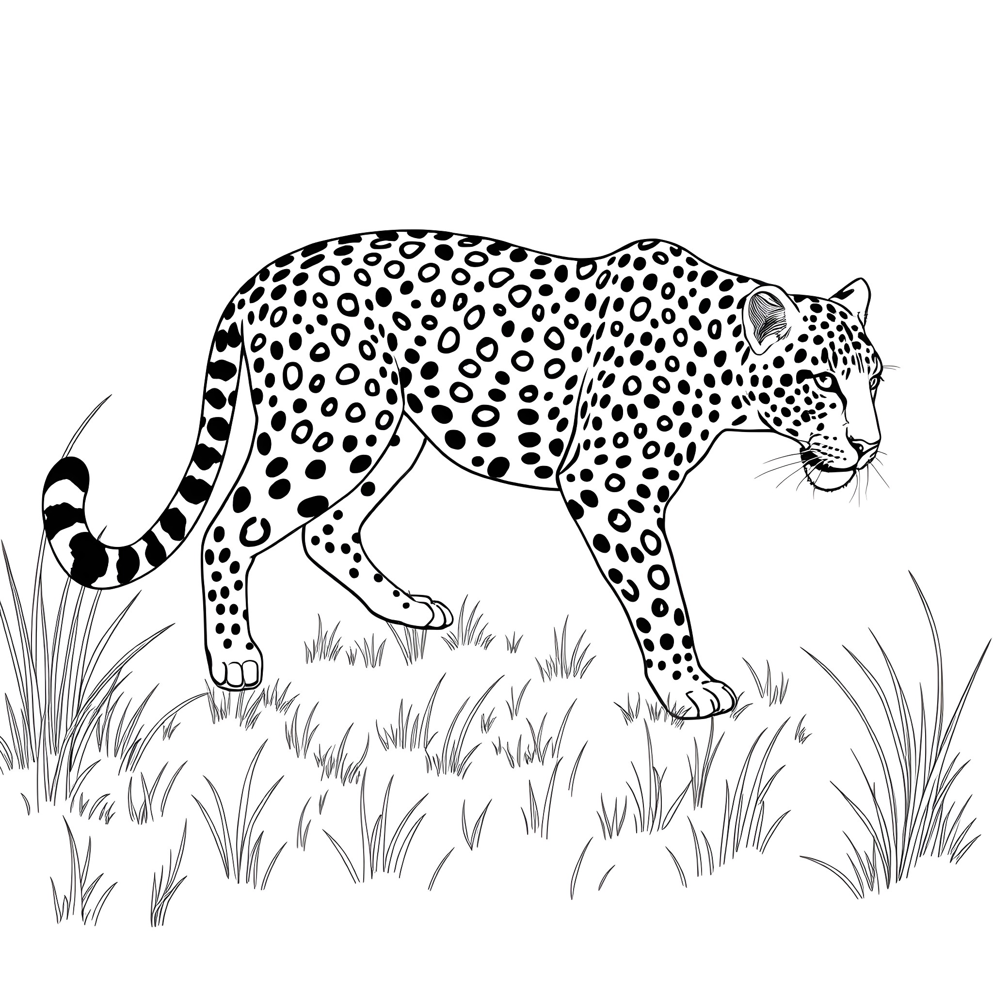 Leopard stalking through the tall grass Coloring Page (free black-and-white line drawing printable PDF for all, from beginners to advanced learners, including children, teens, adults, and seniors)
