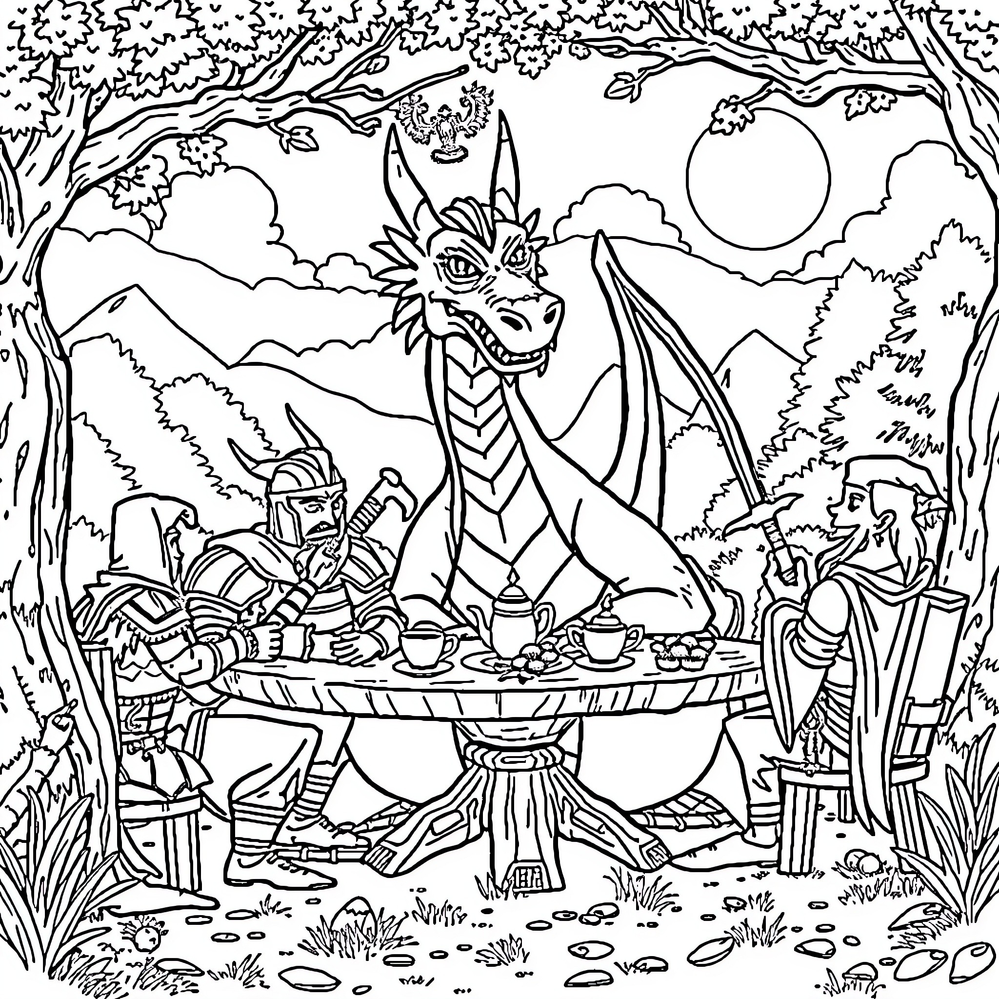 Dragon enjoying a tea party in the enchanted forest Coloring Page (free black-and-white line drawing printable PDF for all, from beginners to advanced learners, including children, teens, adults, and seniors)