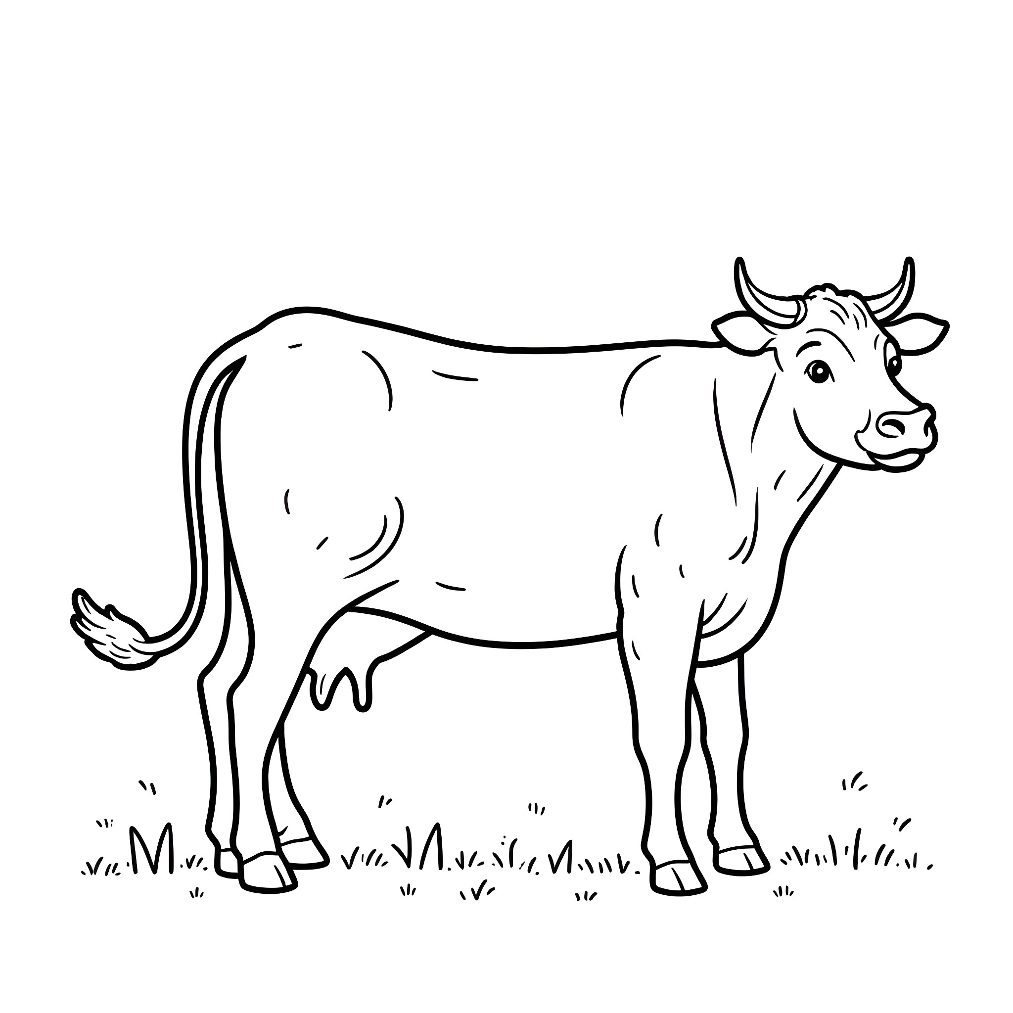 Cow standing in the field Coloring Page (free black-and-white line drawing printable PDF for all, from beginners to advanced learners, including children, teens, adults, and seniors)