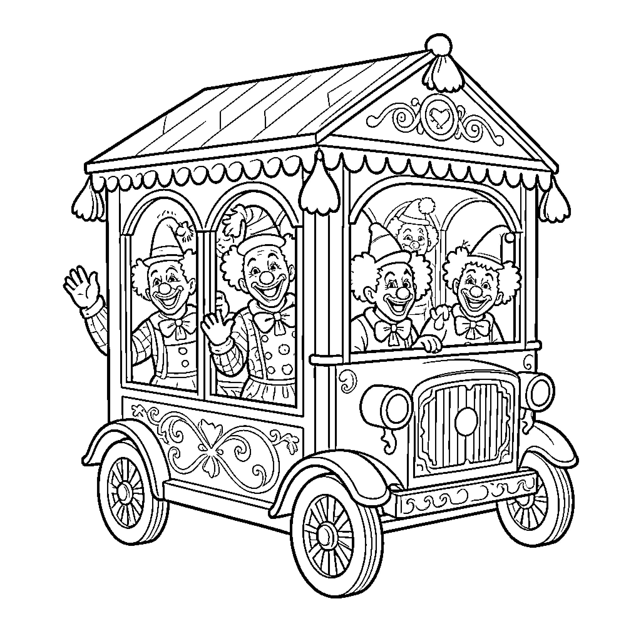 Clown Car with Cheerful Entertainers Coloring Page (free black-and-white line drawing printable PDF for all, from beginners to advanced learners, including children, teens, adults, and seniors)