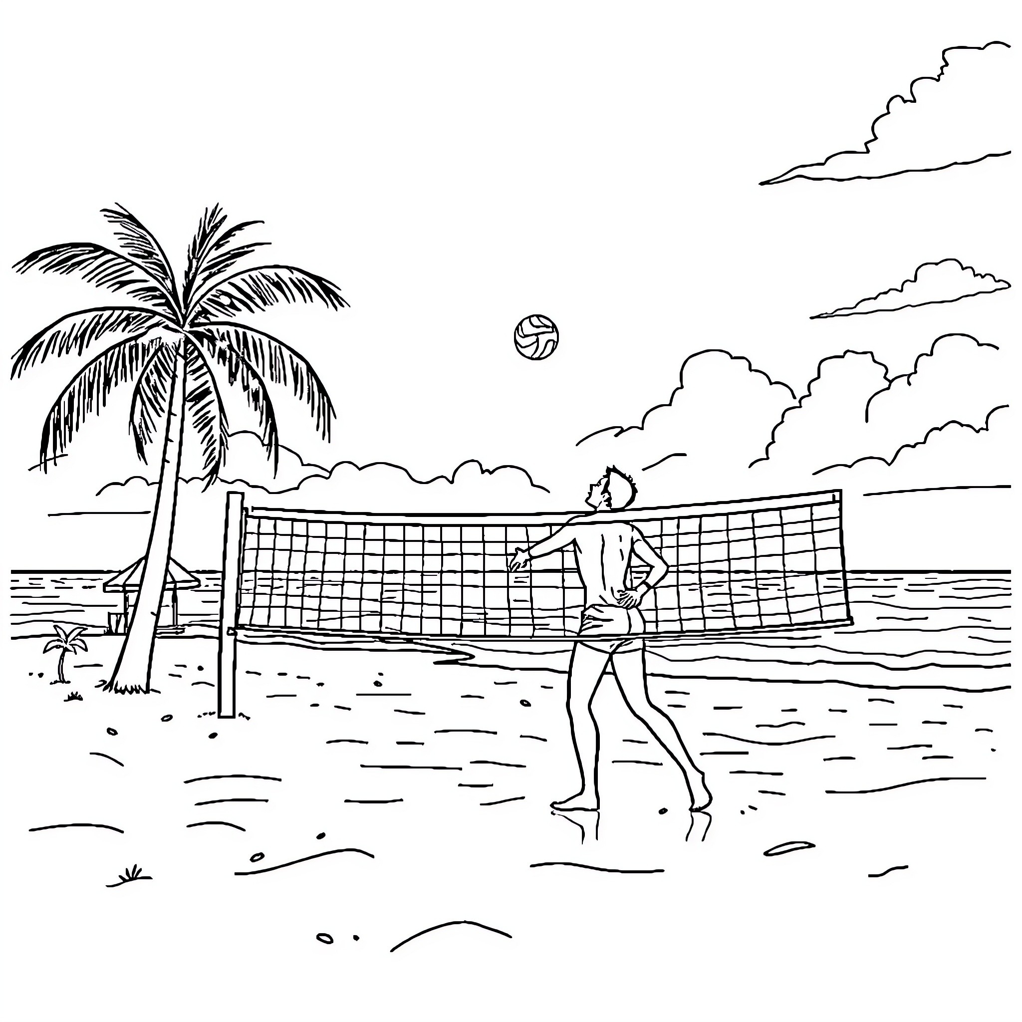 Lamine Yamal playing beach volleyball on tropical island Coloring Page (free black-and-white line drawing printable PDF for all, from beginners to advanced learners, including children, teens, adults, and seniors)