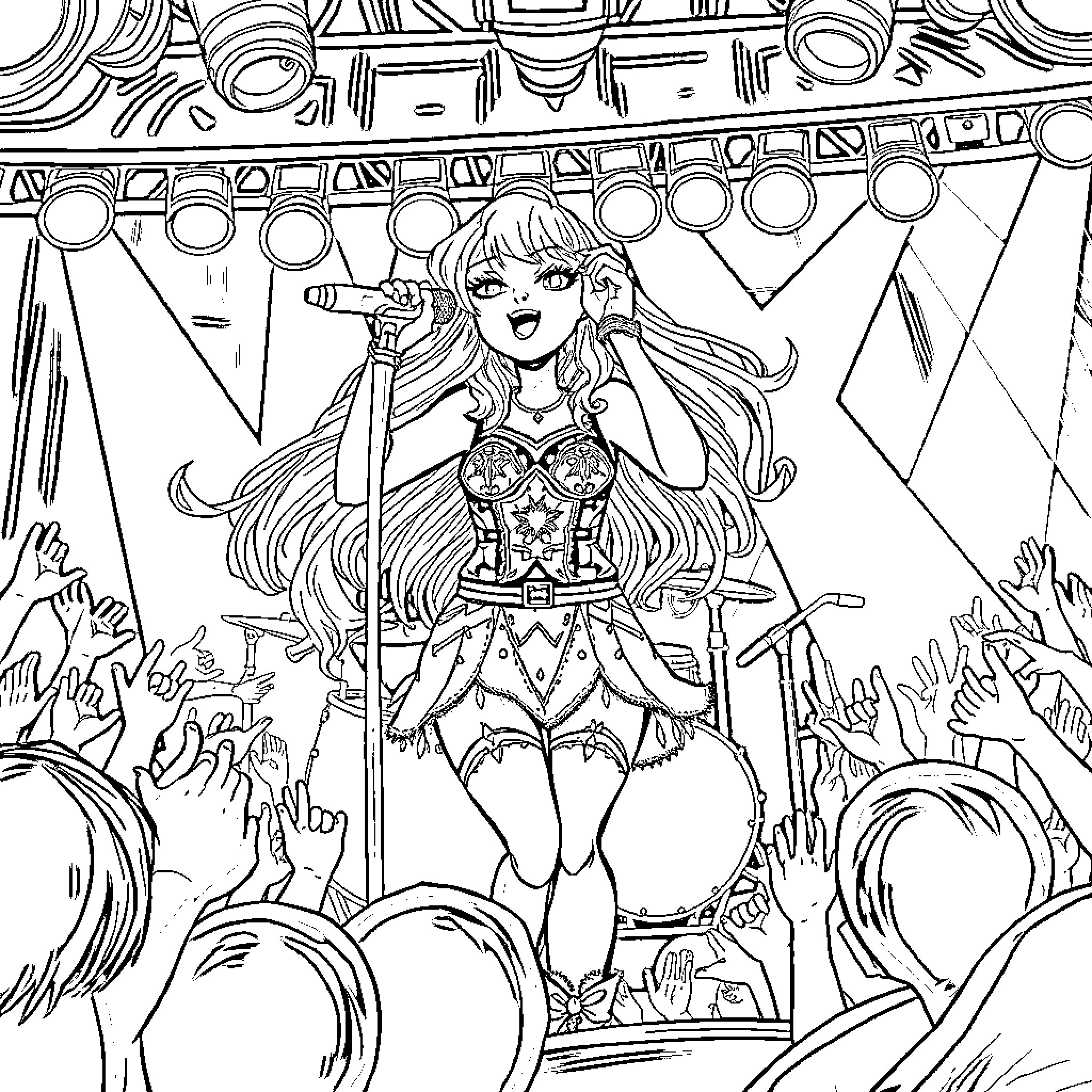 Zoey's Energetic Performance on Stage Coloring Page (free black-and-white line drawing printable PDF for all, from beginners to advanced learners, including children, teens, adults, and seniors)