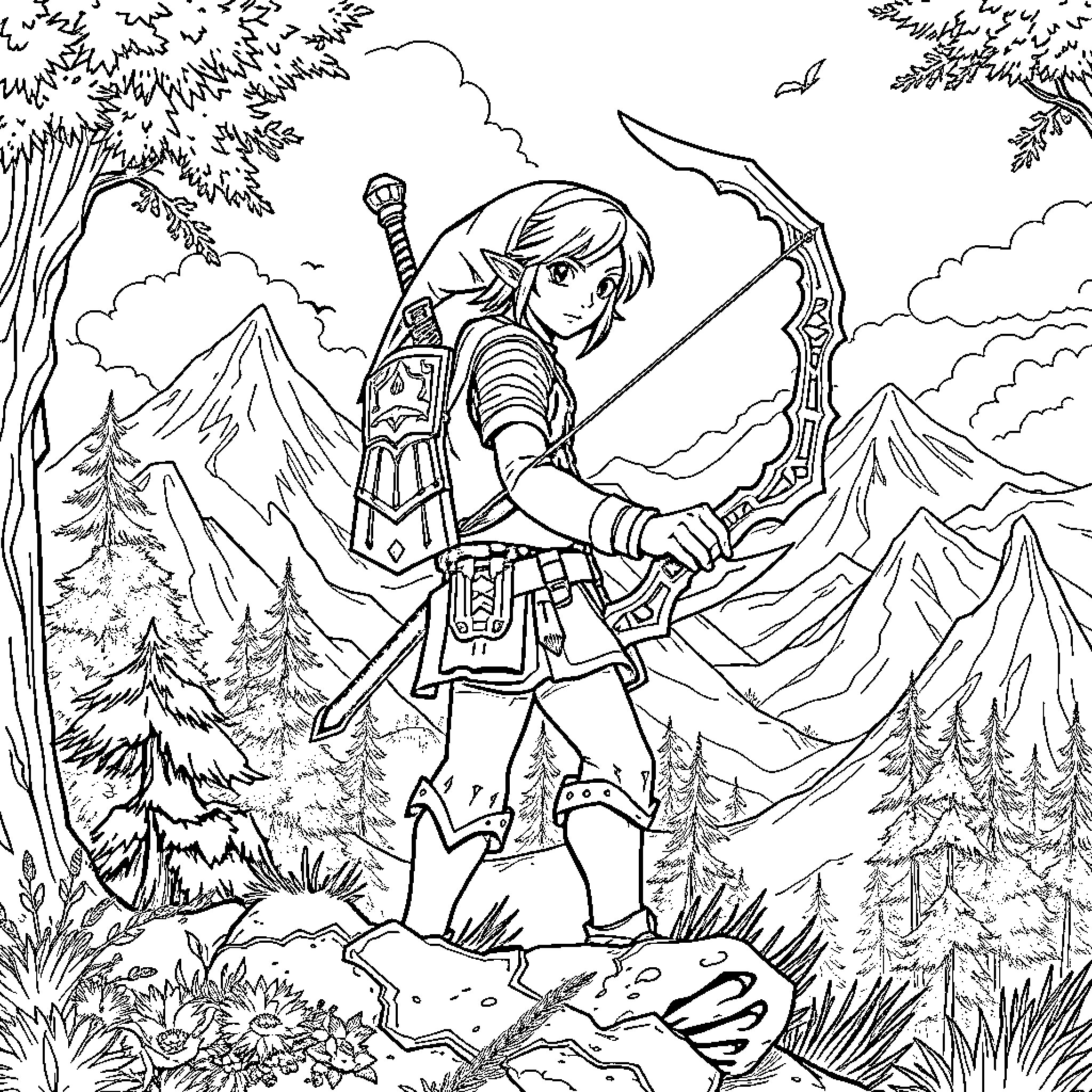 Link Journeying Through the Wilderness Coloring Page (free black-and-white line drawing printable PDF for all, from beginners to advanced learners, including children, teens, adults, and seniors)