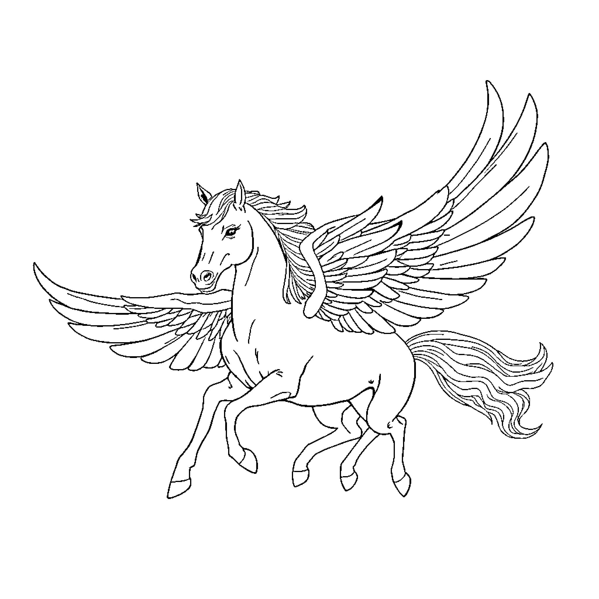 Pegasus soaring gracefully with majestic wings Coloring Page (free black-and-white line drawing printable PDF for all, from beginners to advanced learners, including children, teens, adults, and seniors)