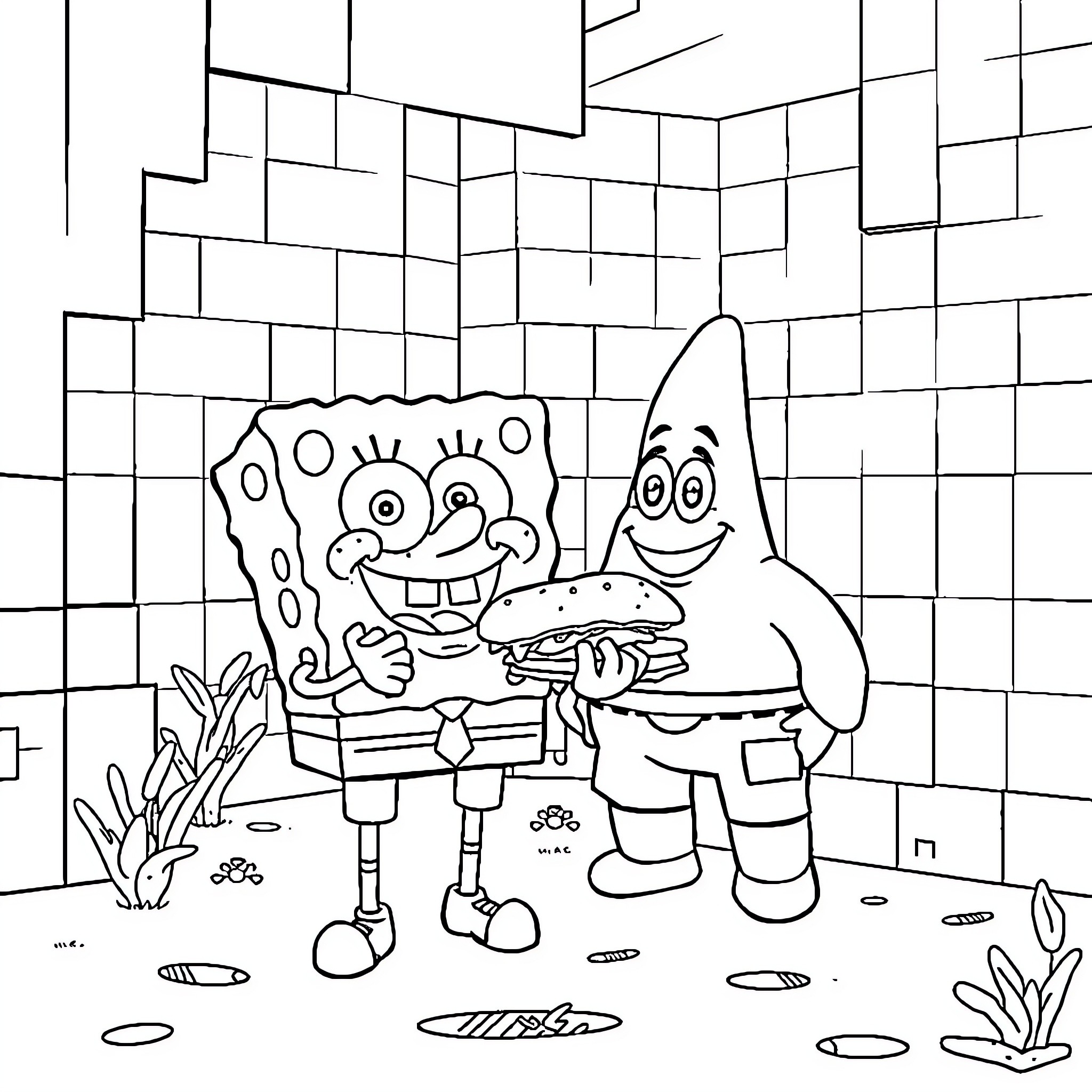 Spongebob and Patrick enjoying a snack Coloring Page (free black-and-white line drawing printable PDF for all, from beginners to advanced learners, including children, teens, adults, and seniors)