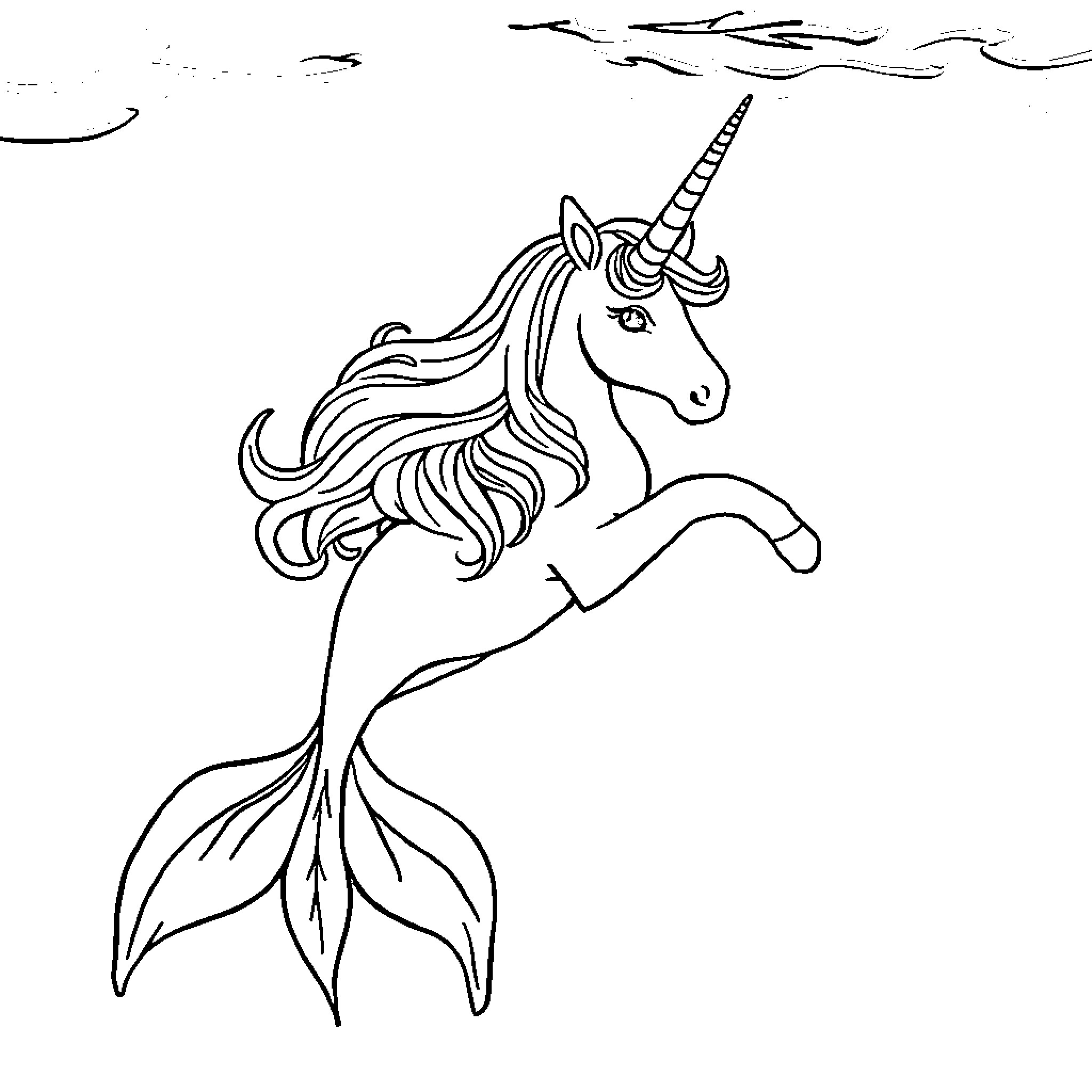 Mermaid Unicorn swimming gracefully in the ocean Coloring Page (free black-and-white line drawing printable PDF for all, from beginners to advanced learners, including children, teens, adults, and seniors)