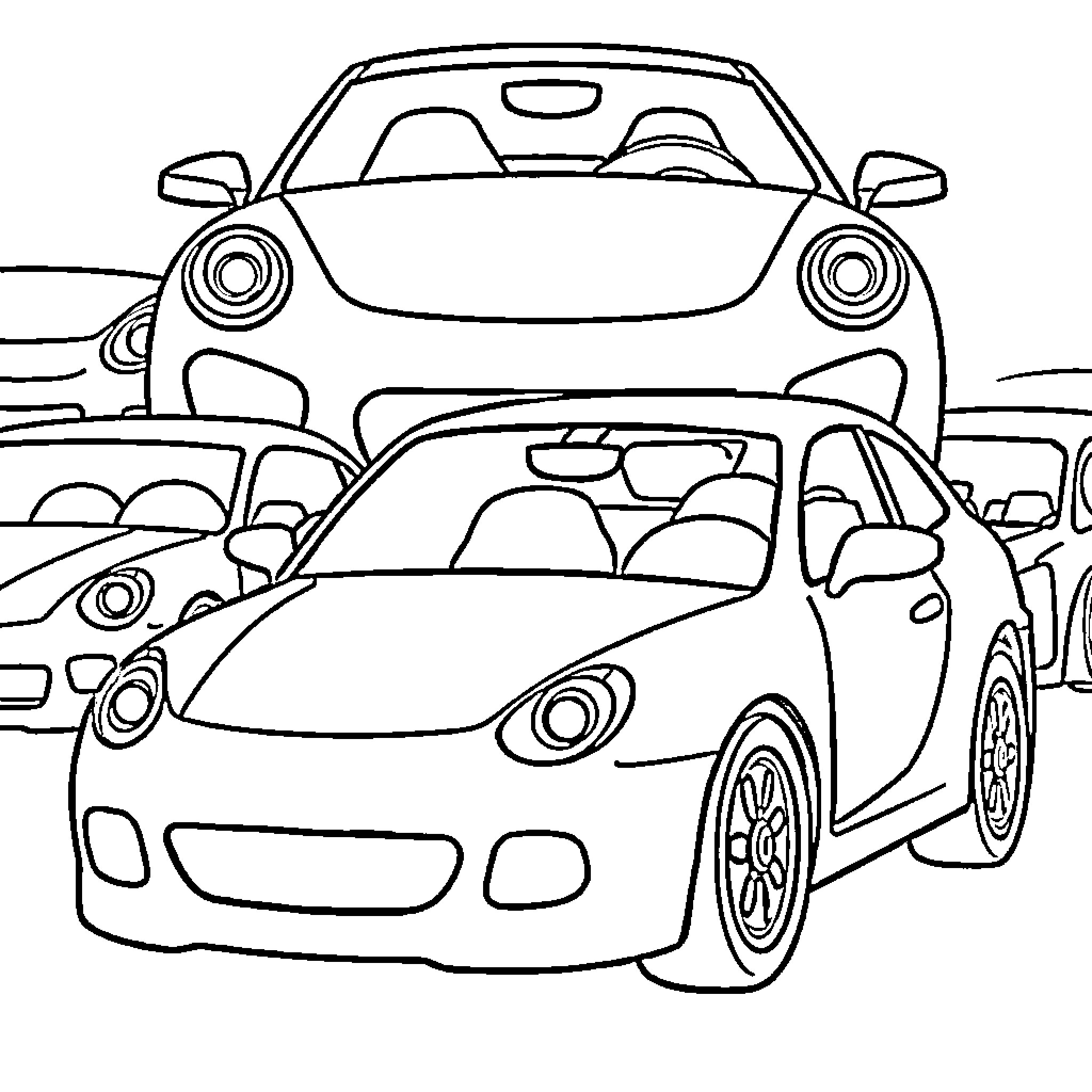 Car Parked in Crowded Lot Coloring Page (free black-and-white line drawing printable PDF for all, from beginners to advanced learners, including children, teens, adults, and seniors)