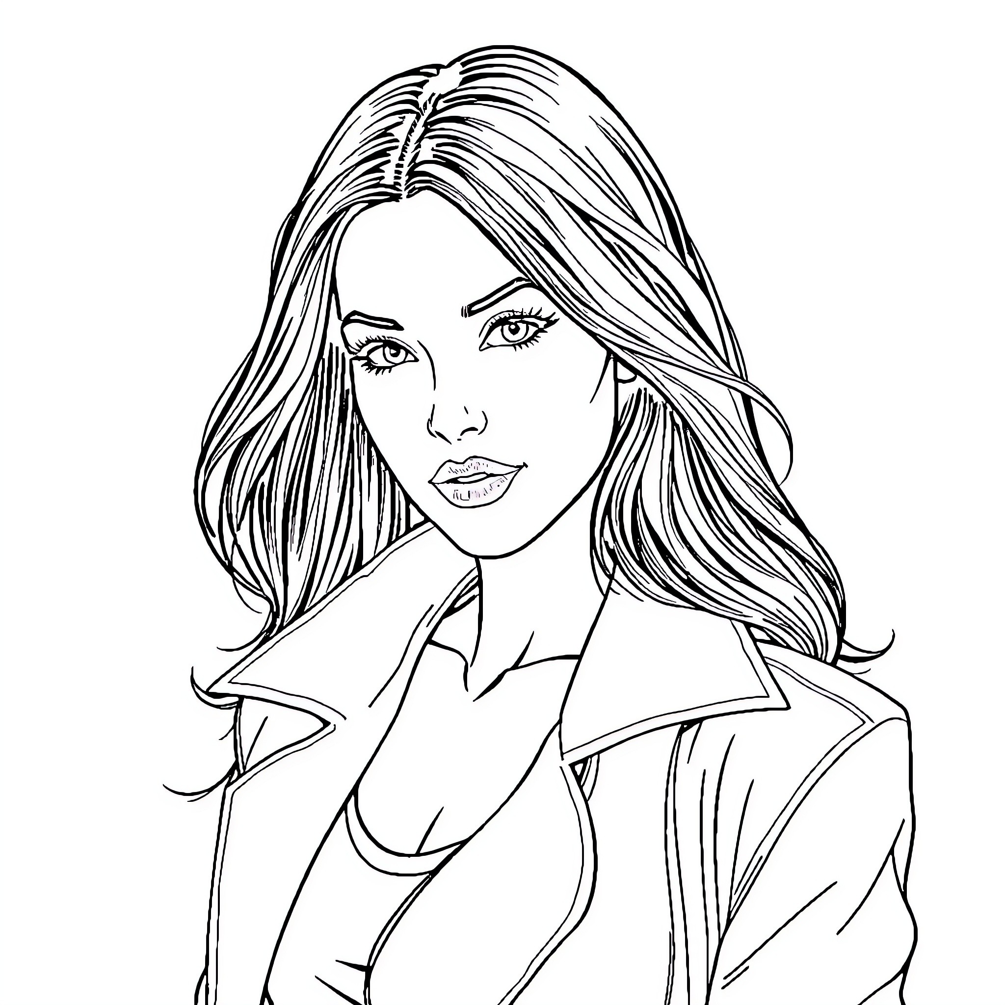 Megan Fox in pensive mood Coloring Page (free black-and-white line drawing printable PDF for all, from beginners to advanced learners, including children, teens, adults, and seniors)