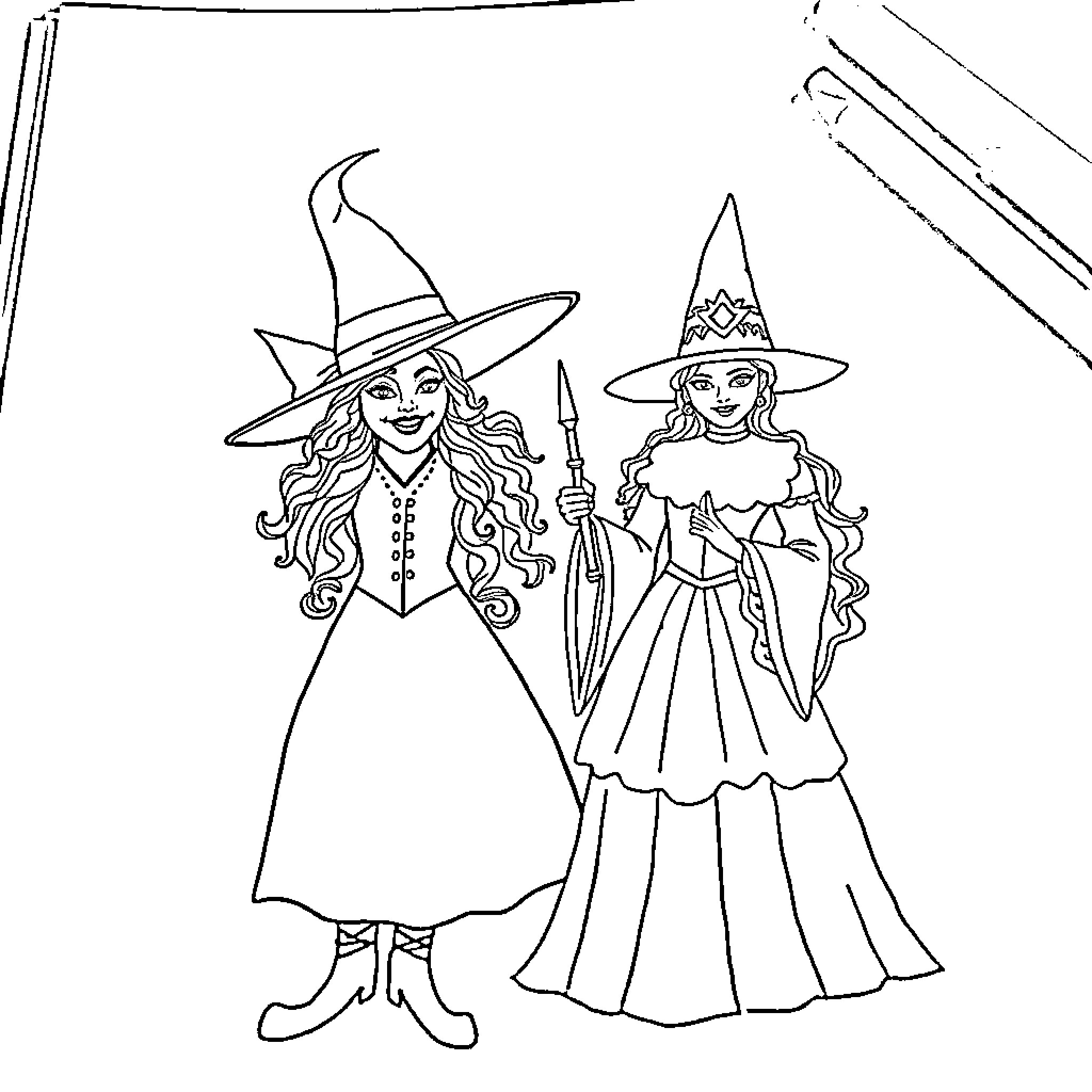 Wicked Witches in Elegant Attire Coloring Page (free black-and-white line drawing printable PDF for all, from beginners to advanced learners, including children, teens, adults, and seniors)