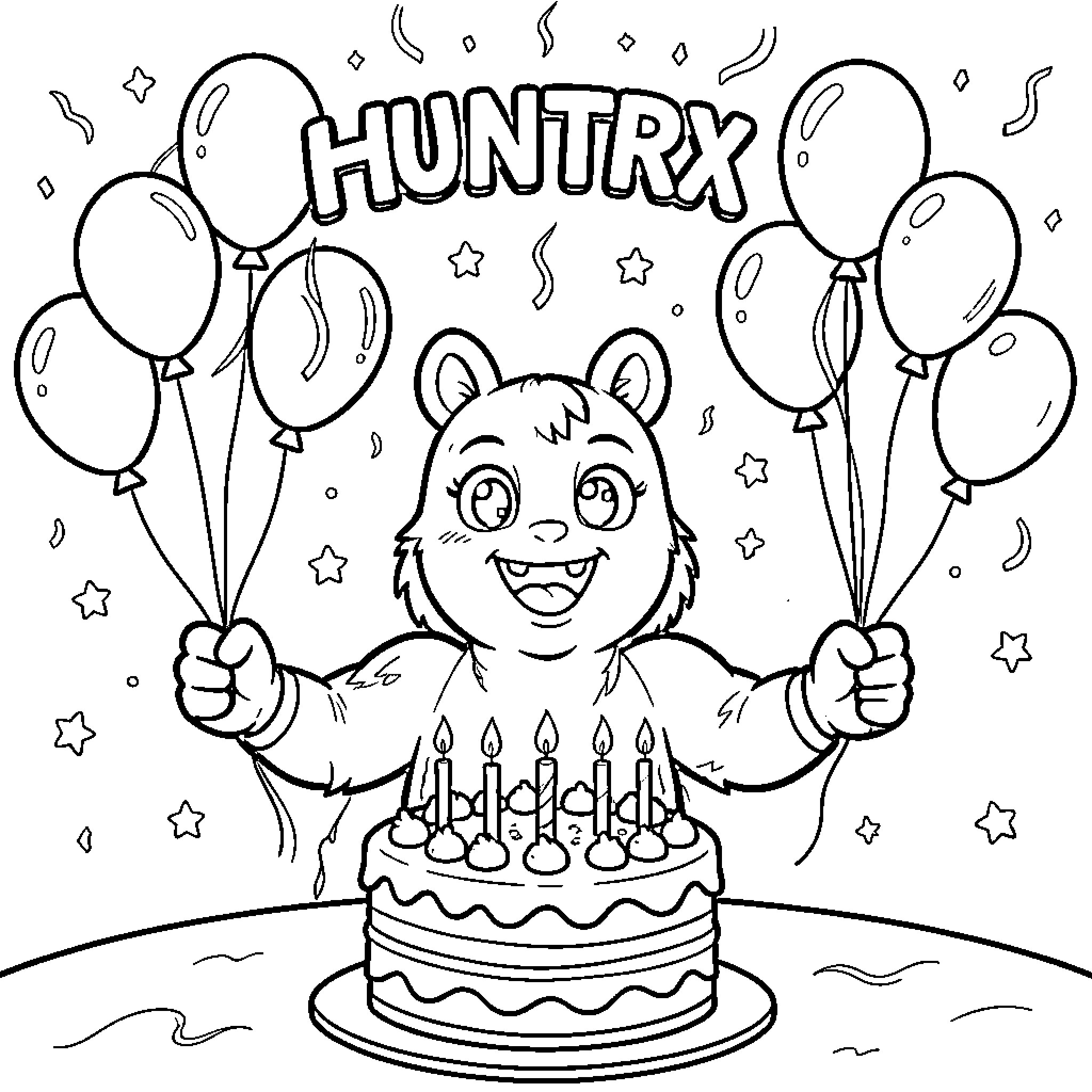 Huntrix's Joyful Birthday Celebration with Balloons Coloring Page (free black-and-white line drawing printable PDF for all, from beginners to advanced learners, including children, teens, adults, and seniors)