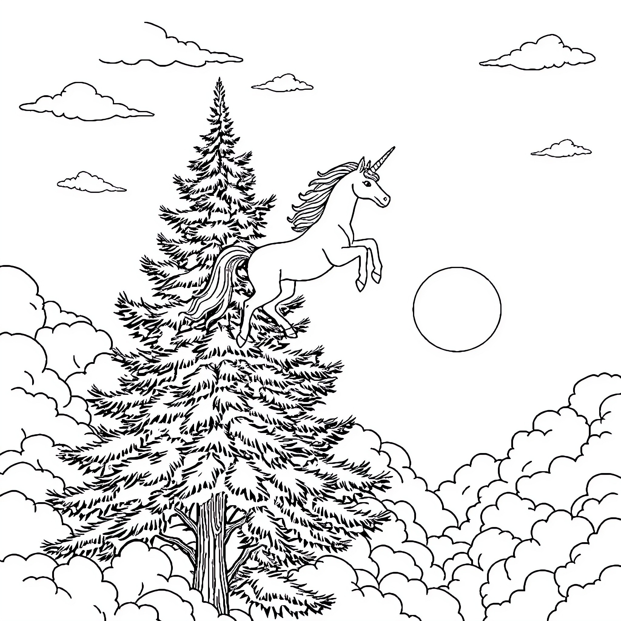 Unicorn running through the enchanted forest Coloring Page (free black-and-white line drawing printable PDF for all, from beginners to advanced learners, including children, teens, adults, and seniors)