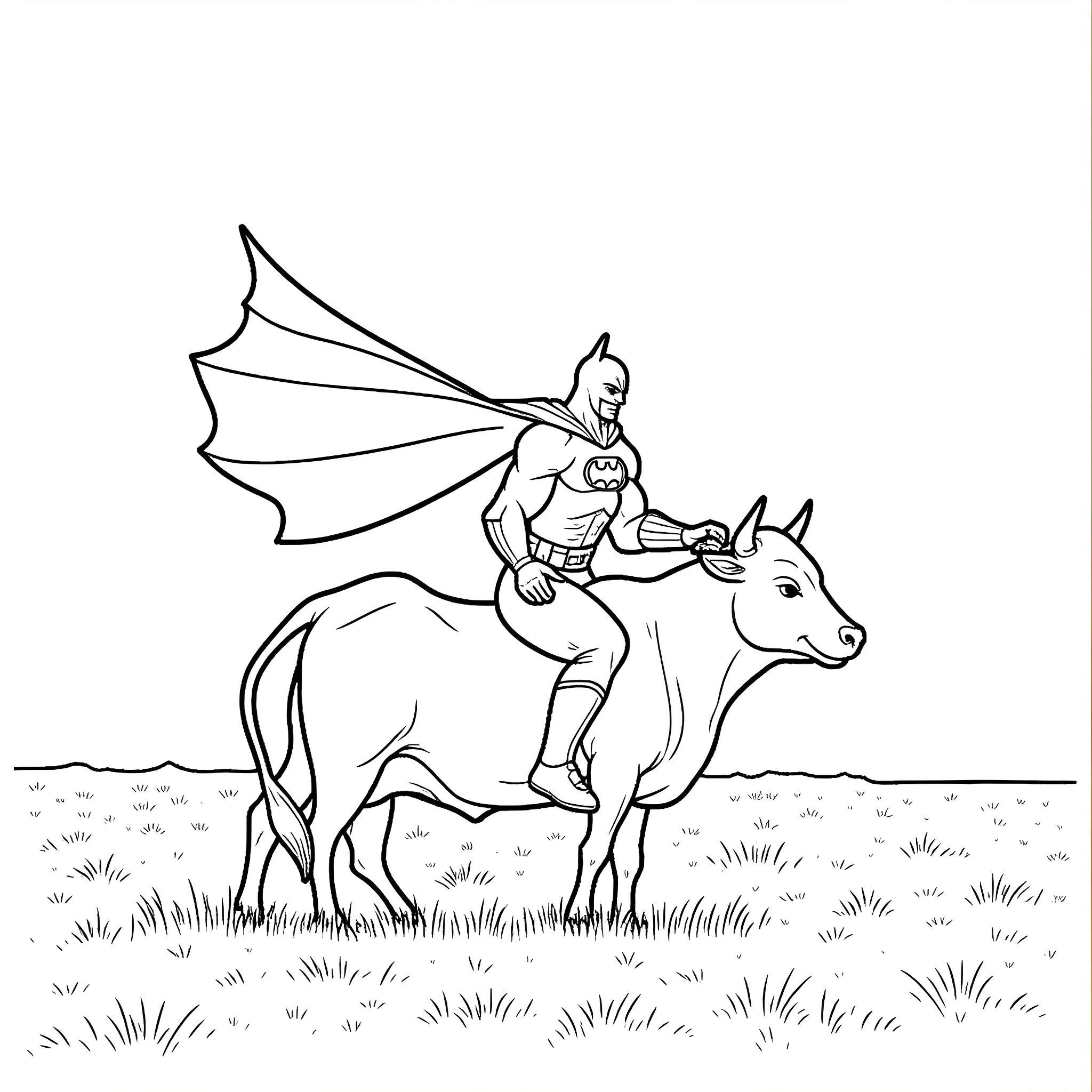 Batman riding a powerful unicorn in the wild Coloring Page (free black-and-white line drawing printable PDF for all, from beginners to advanced learners, including children, teens, adults, and seniors)