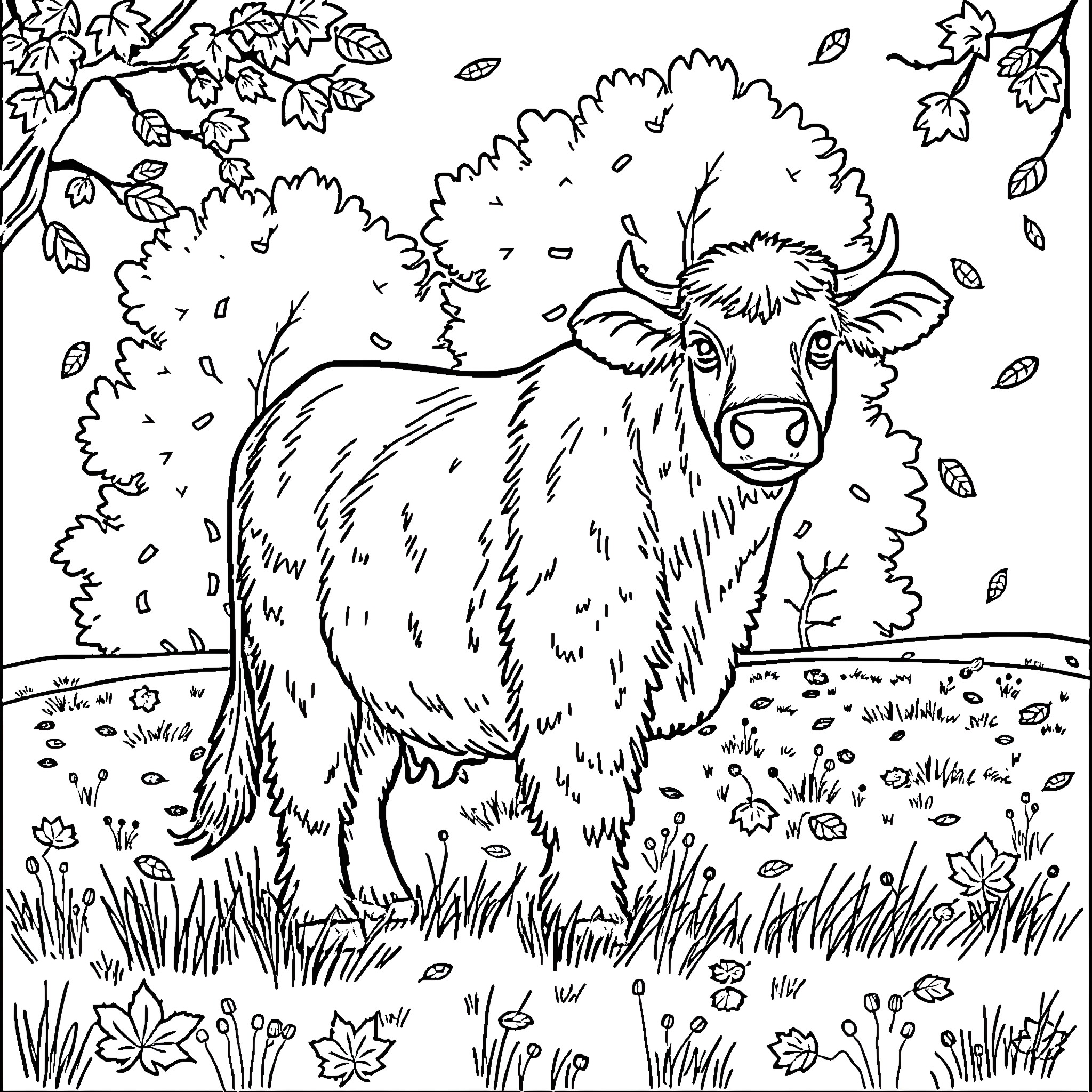 Cow standing among fallen leaves Coloring Page (free black-and-white line drawing printable PDF for all, from beginners to advanced learners, including children, teens, adults, and seniors)
