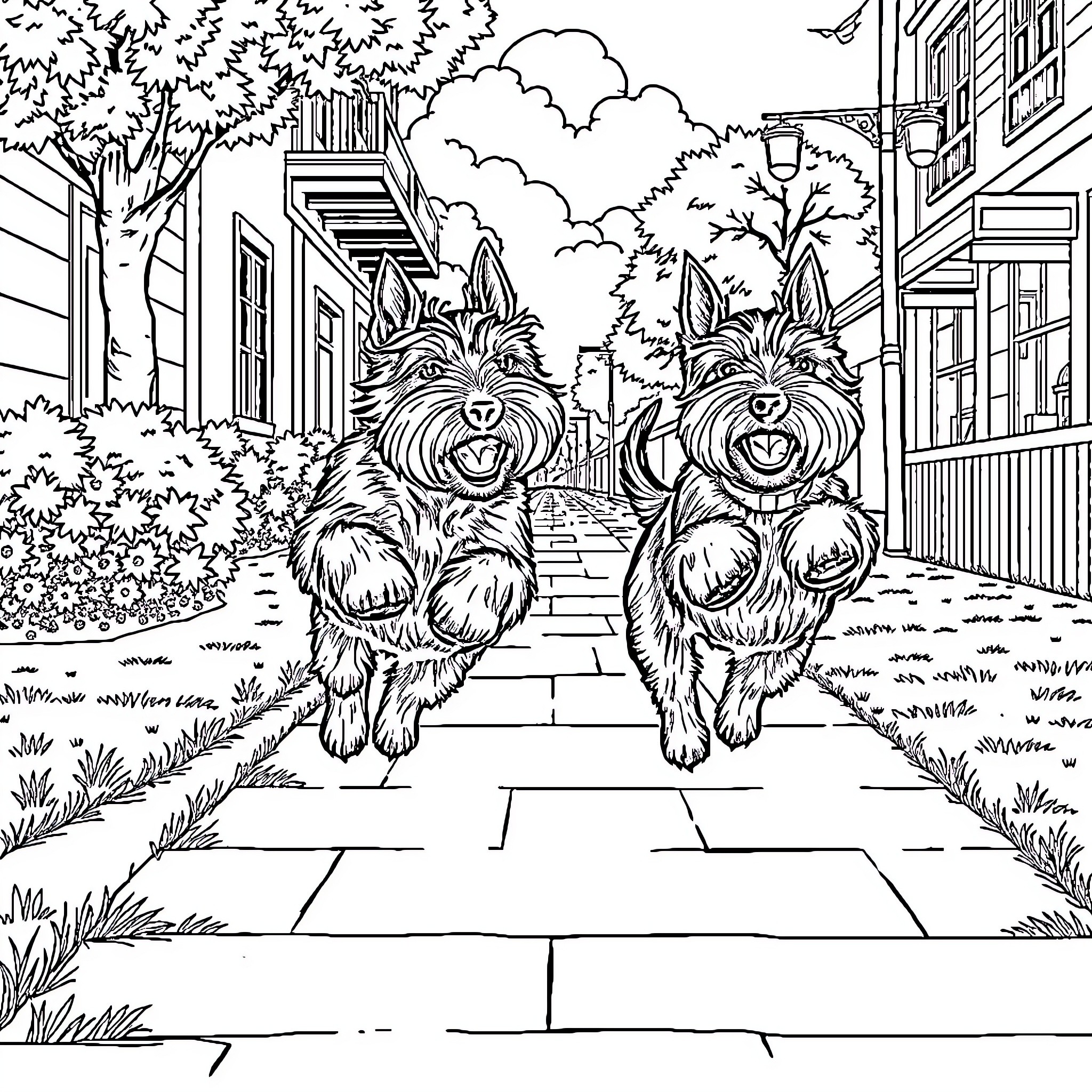 Schnauzers Happily Strolling Through Neighborhood Coloring Page (free black-and-white line drawing printable PDF for all, from beginners to advanced learners, including children, teens, adults, and seniors)