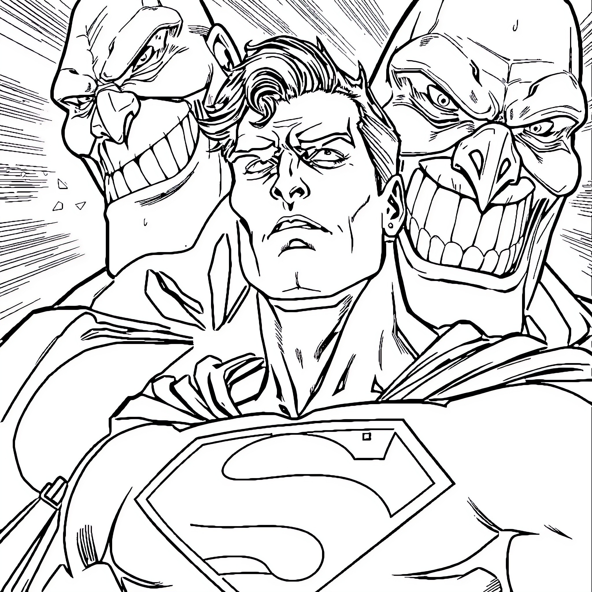 Superman Battles Villains in Epic Showdown Coloring Page (free black-and-white line drawing printable PDF for all, from beginners to advanced learners, including children, teens, adults, and seniors)