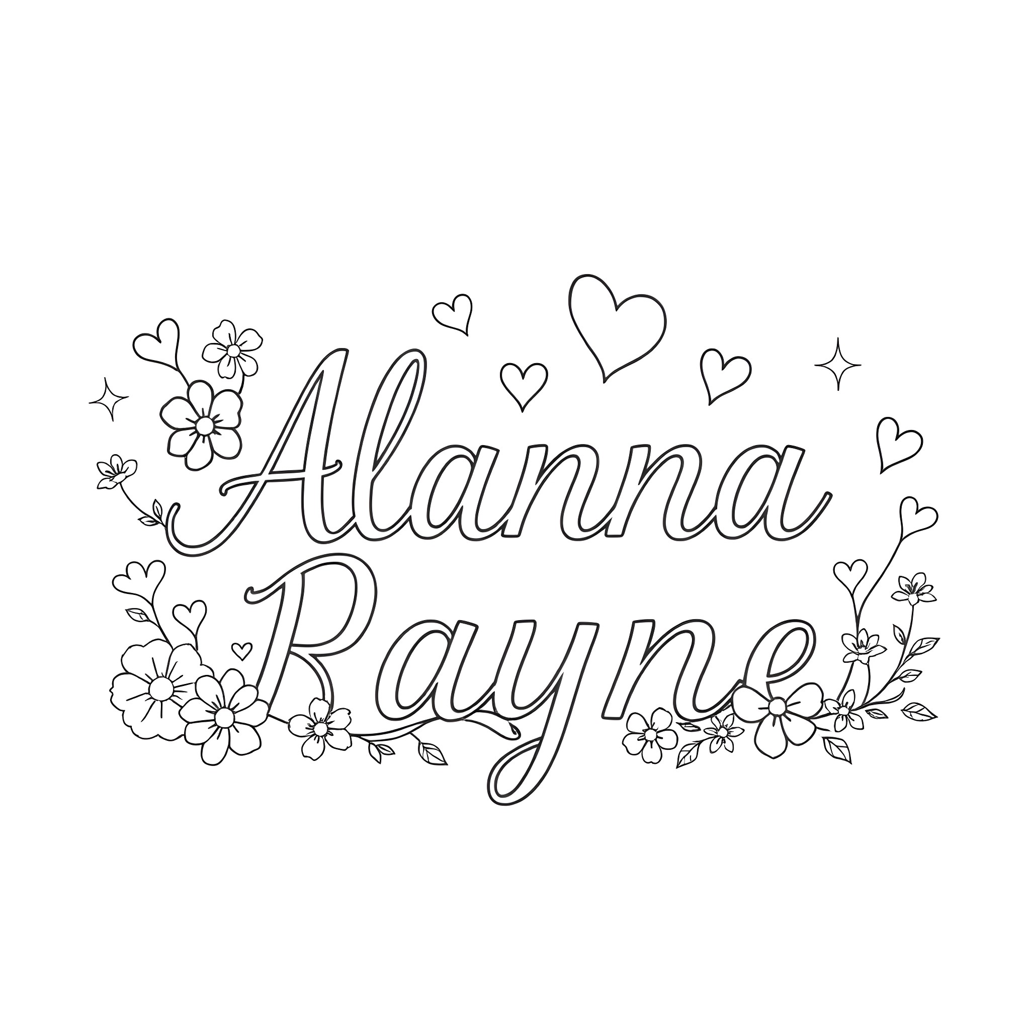 Font with names and flowers Coloring Page (free black-and-white line drawing printable PDF for all, from beginners to advanced learners, including children, teens, adults, and seniors)