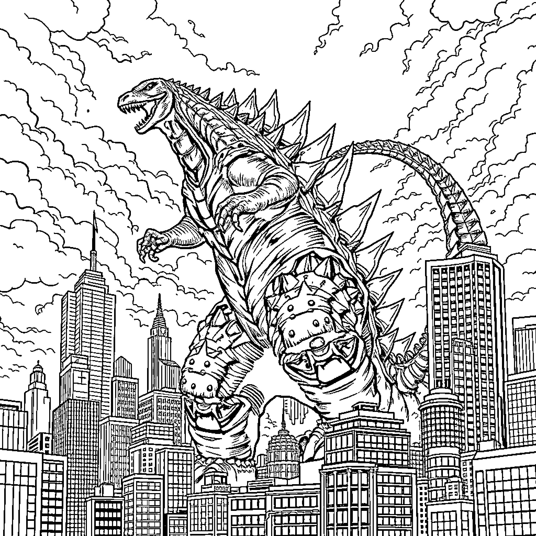 Godzilla rampaging through the city Coloring Page (free black-and-white line drawing printable PDF for all, from beginners to advanced learners, including children, teens, adults, and seniors)