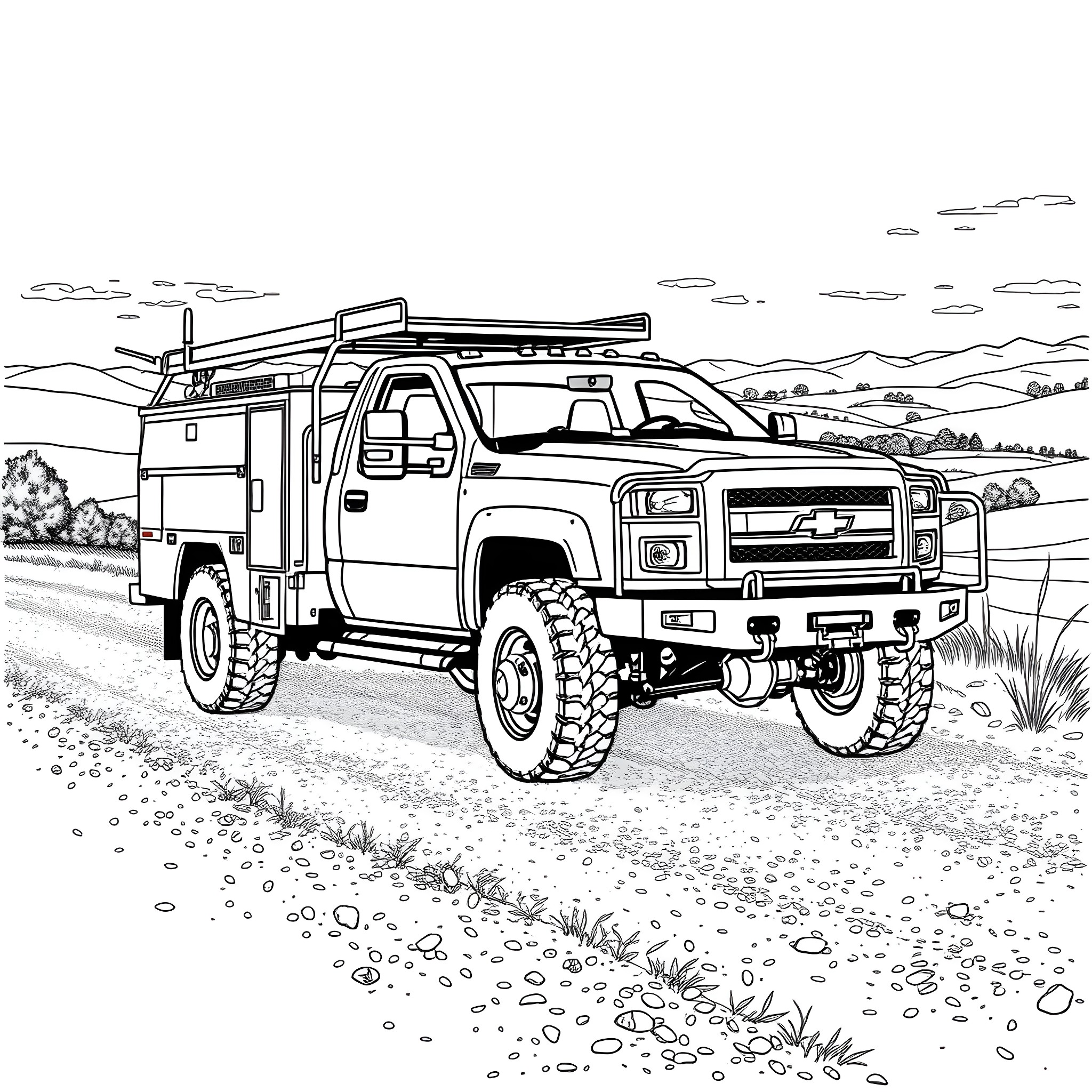 Truck with Rugged Off-Road Adventure Coloring Page (free black-and-white line drawing printable PDF for all, from beginners to advanced learners, including children, teens, adults, and seniors)