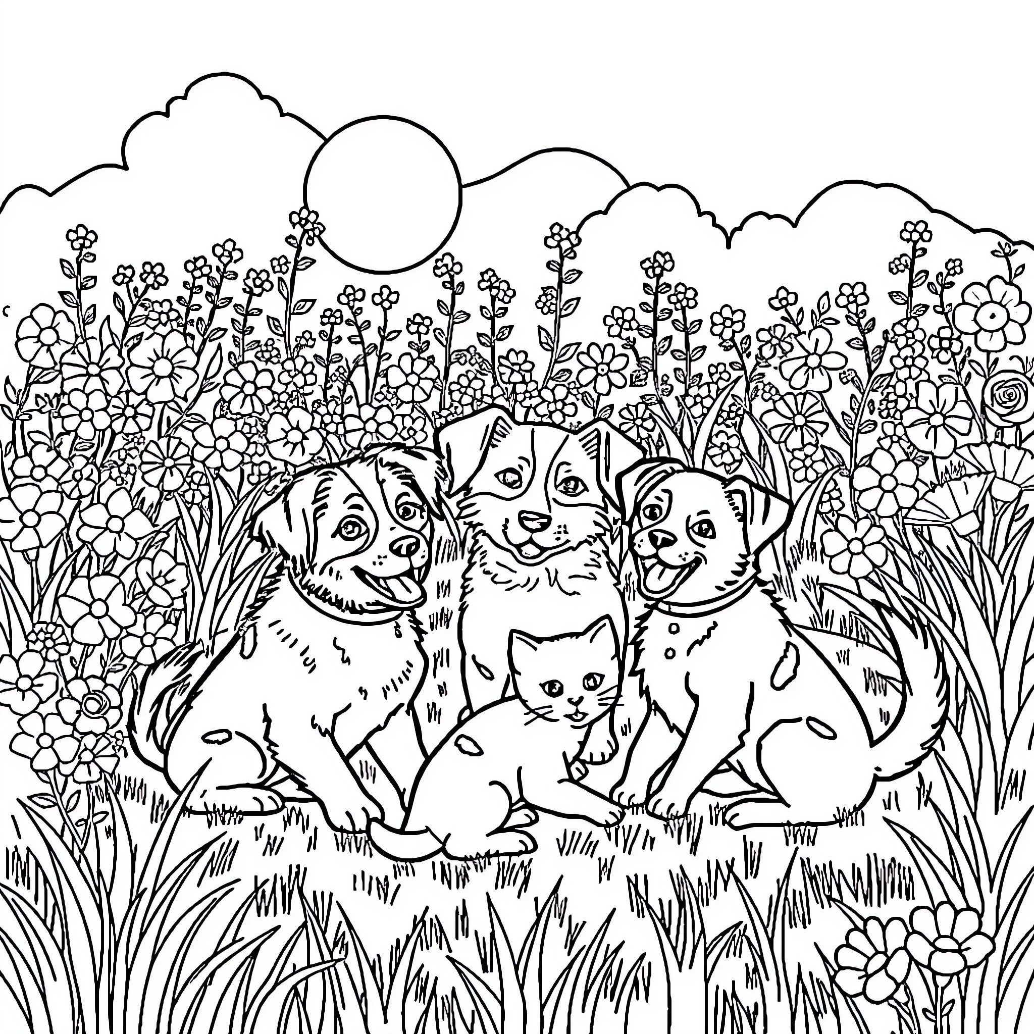 Dog friends relaxing in a flower-filled meadow Coloring Page (free black-and-white line drawing printable PDF for all, from beginners to advanced learners, including children, teens, adults, and seniors)