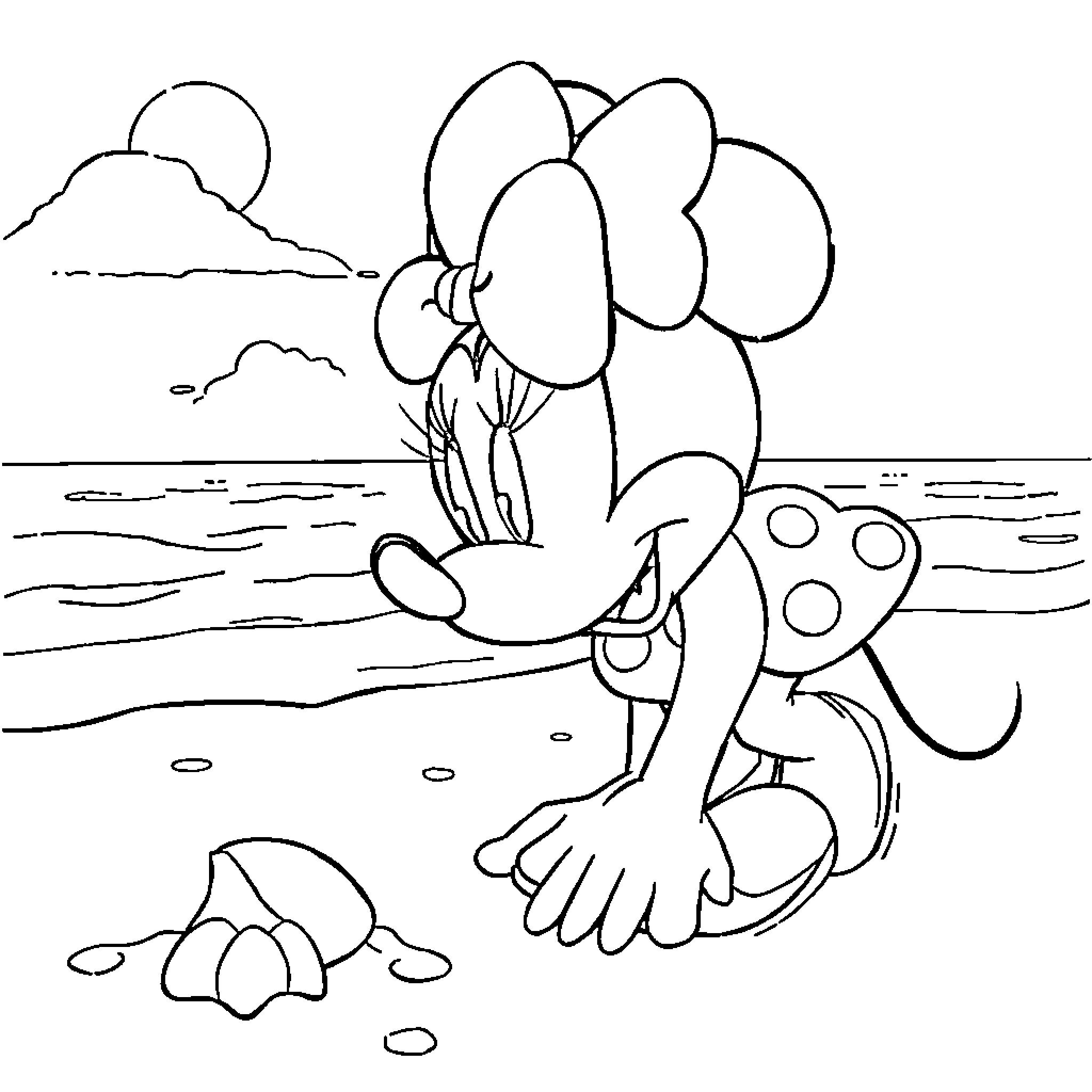 Minnie Mouse enjoying a sunny day at the beach Coloring Page (free black-and-white line drawing printable PDF for all, from beginners to advanced learners, including children, teens, adults, and seniors)