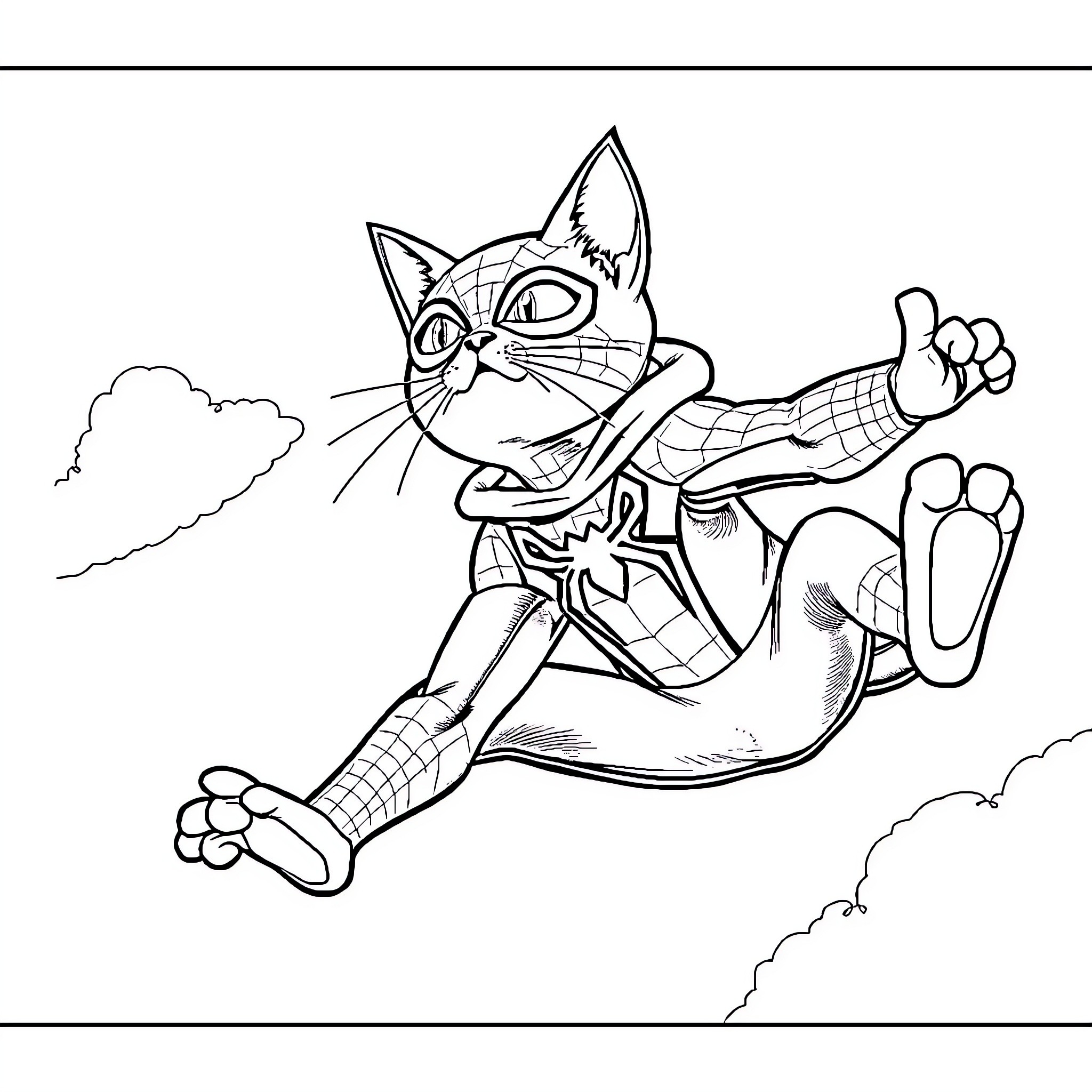 Cat Spider Man swinging through the air Coloring Page (free black-and-white line drawing printable PDF for all, from beginners to advanced learners, including children, teens, adults, and seniors)