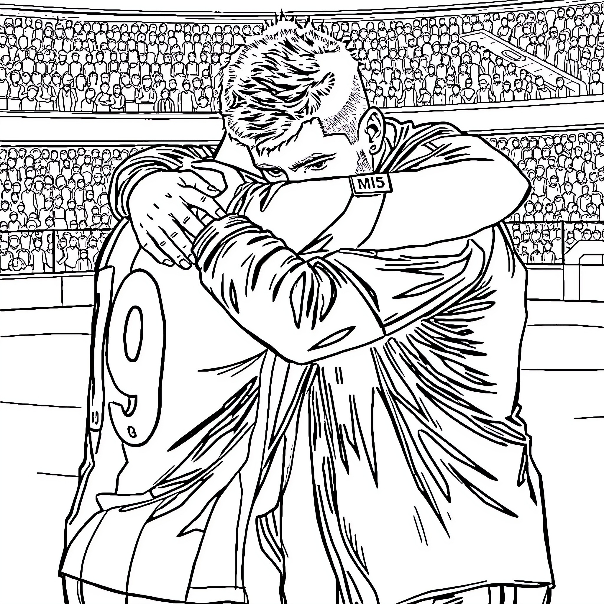 Fernando Zampedri consoling his teammate on the soccer field Coloring Page (free black-and-white line drawing printable PDF for all, from beginners to advanced learners, including children, teens, adults, and seniors)