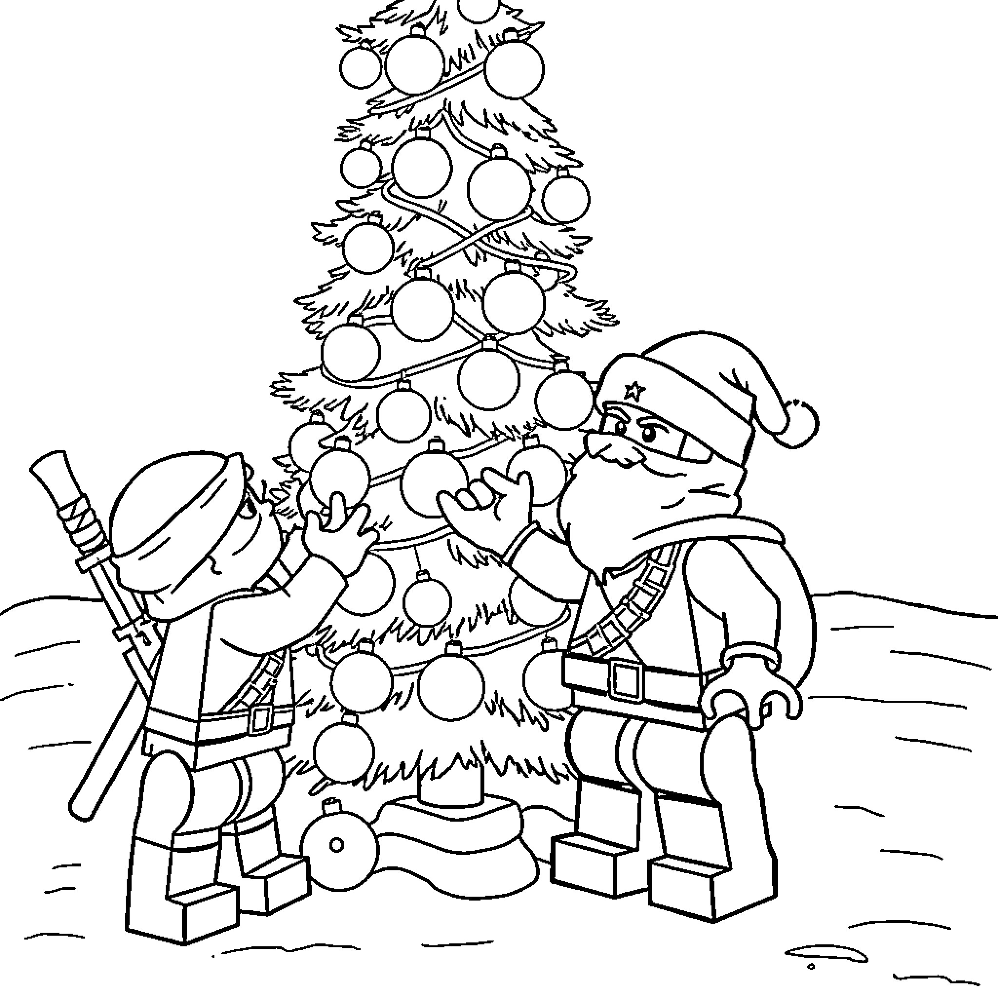 Ninjago characters decorating Christmas tree Coloring Page (free black-and-white line drawing printable PDF for all, from beginners to advanced learners, including children, teens, adults, and seniors)