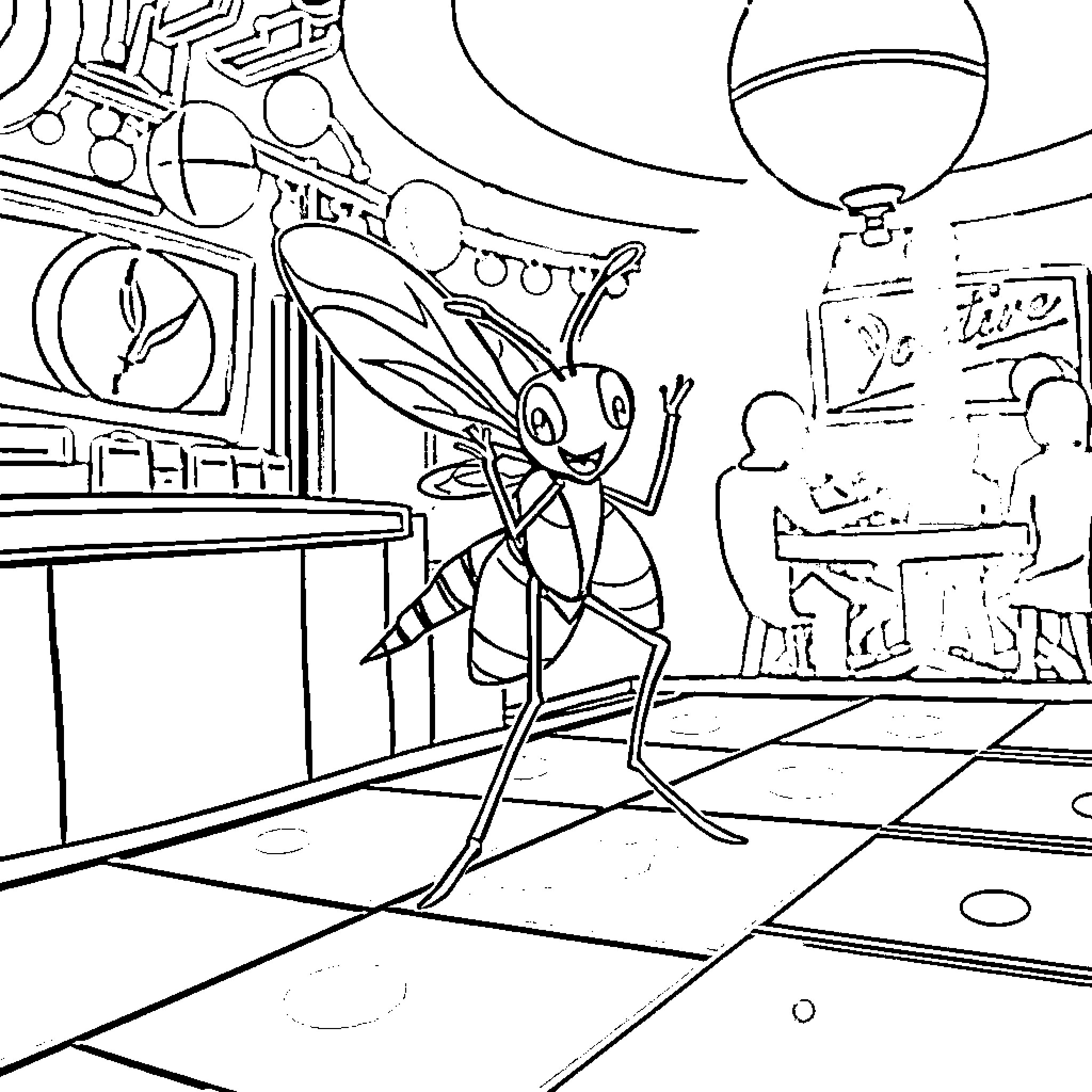 Mosquito exploring a futuristic laboratory Coloring Page (free black-and-white line drawing printable PDF for all, from beginners to advanced learners, including children, teens, adults, and seniors)