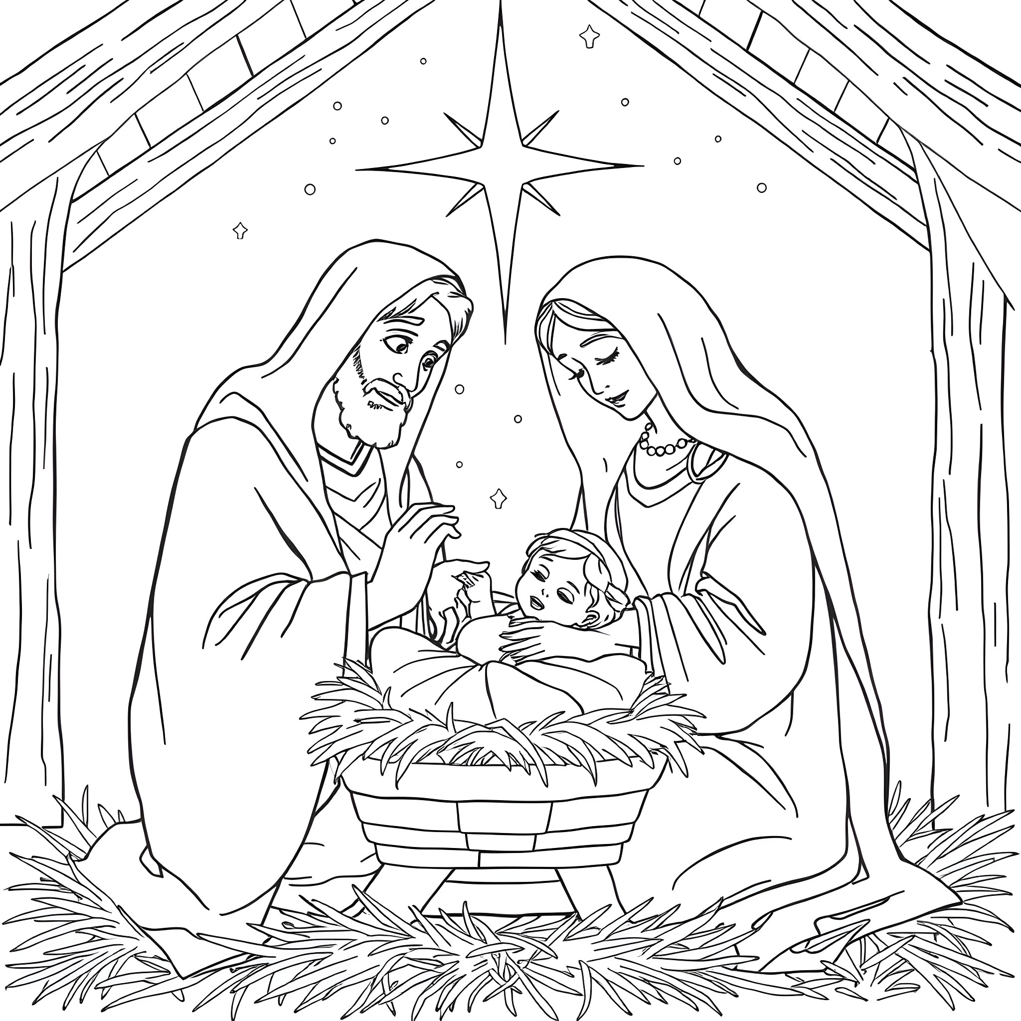 Joseph's Nativity Scene: Holy Family with Baby Jesus in the Manger Coloring Page (free black-and-white line drawing printable PDF for all, from beginners to advanced learners, including children, teens, adults, and seniors)
