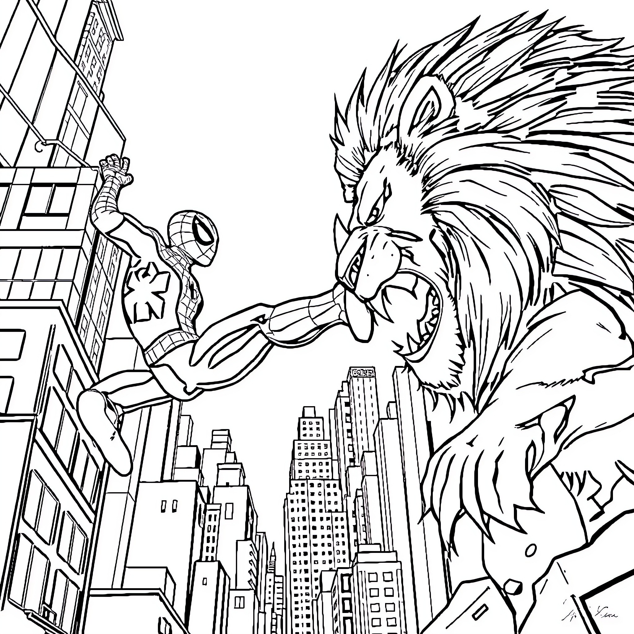 Spiderman battling a fearsome creature in the city Coloring Page (free black-and-white line drawing printable PDF for all, from beginners to advanced learners, including children, teens, adults, and seniors)