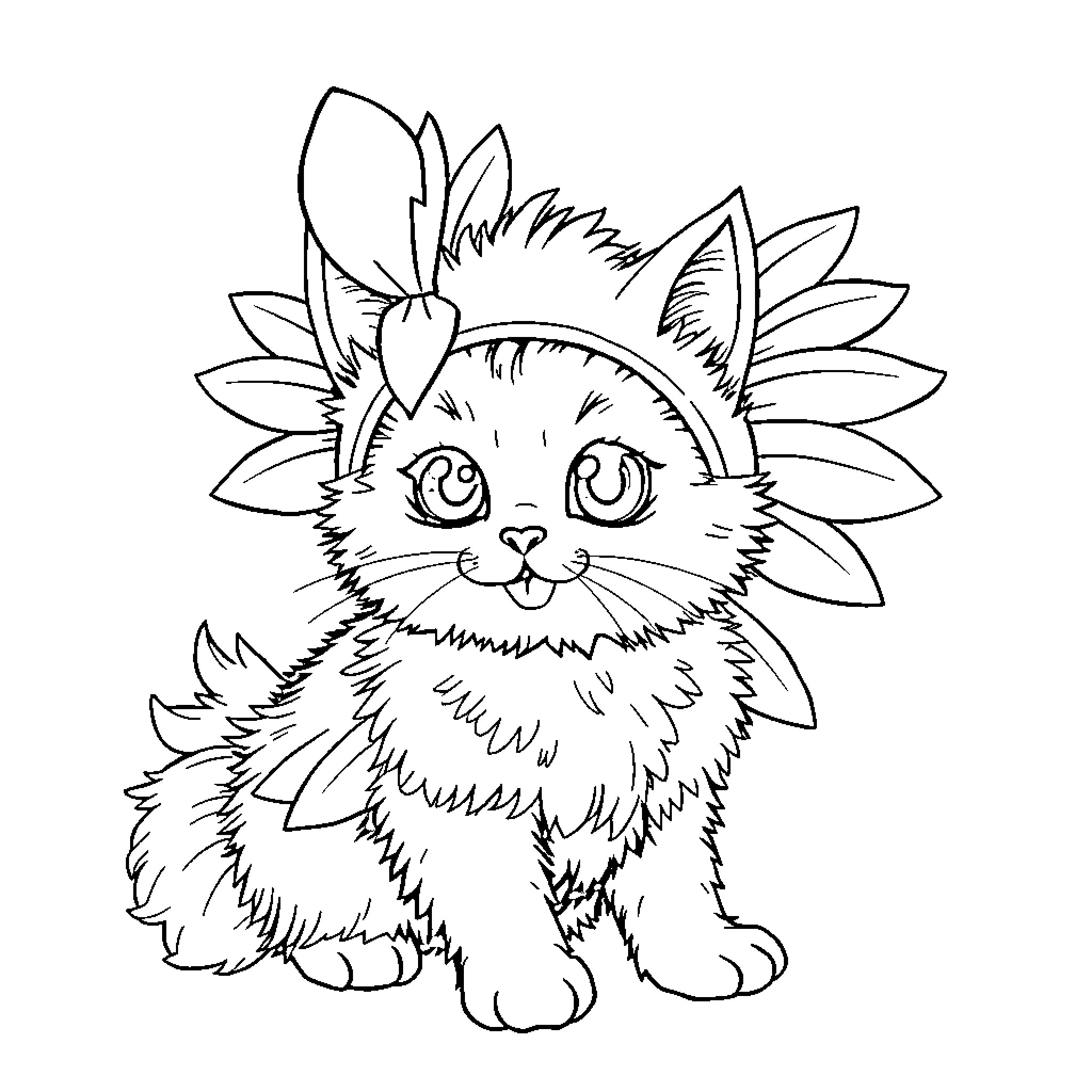 Cat with Floral Headpiece Coloring Page (free black-and-white line drawing printable PDF for all, from beginners to advanced learners, including children, teens, adults, and seniors)