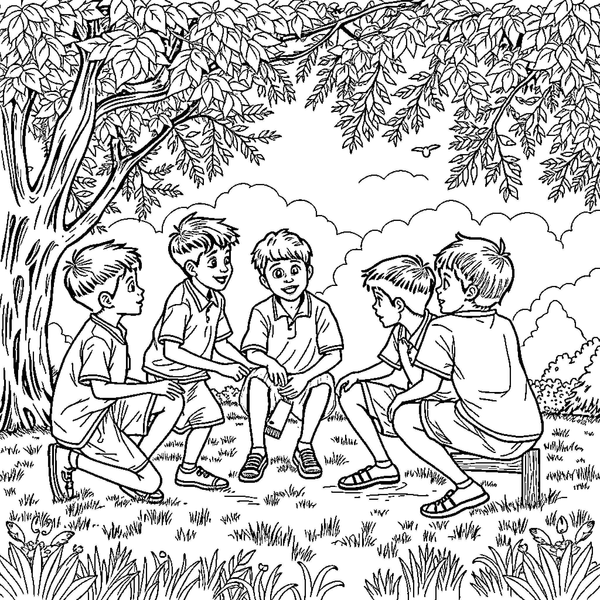 Saja Boy and Friends Enjoying a Playful Outdoor Gathering Coloring Page (free black-and-white line drawing printable PDF for all, from beginners to advanced learners, including children, teens, adults, and seniors)