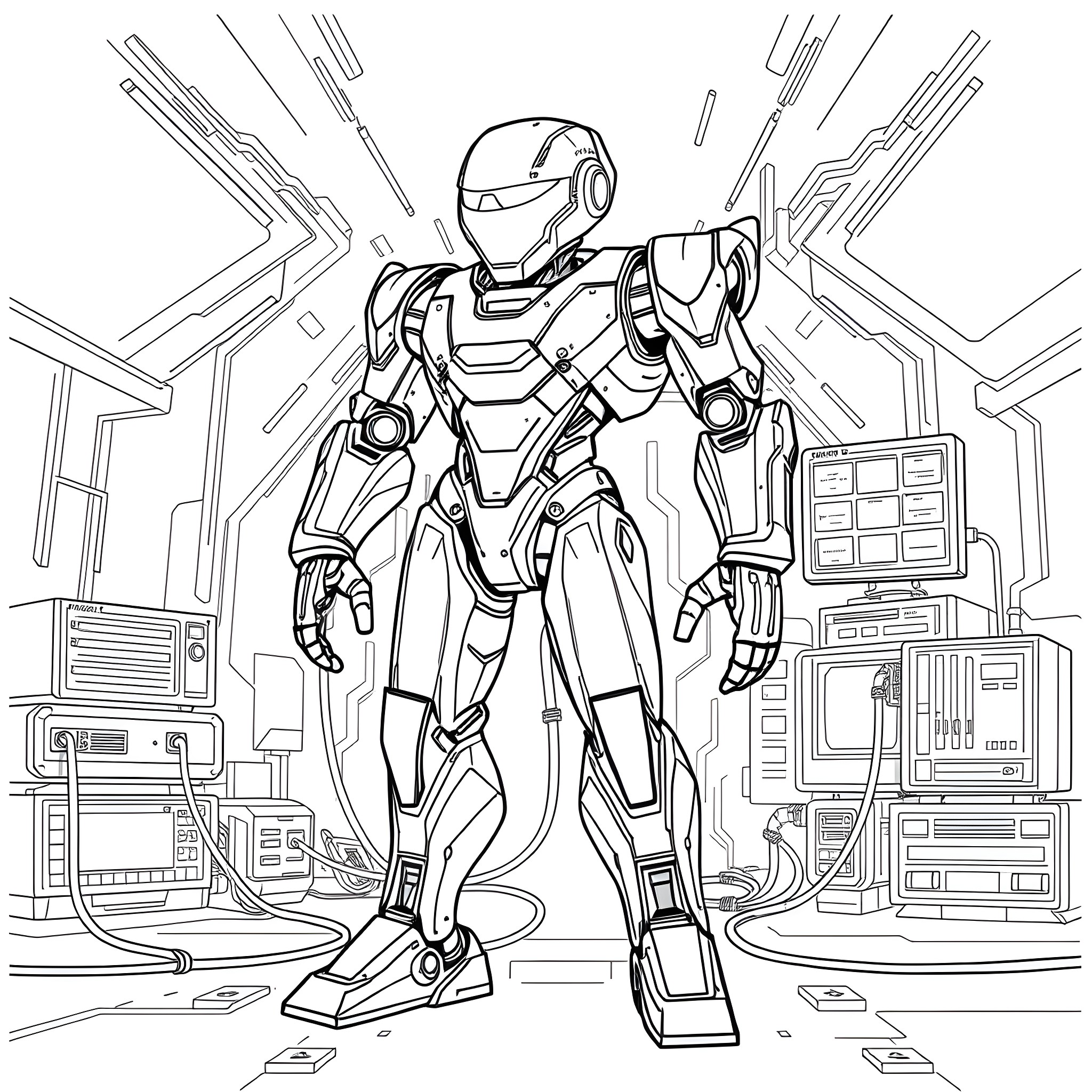 B2EMO Robotic Warrior in Futuristic Tech Lab Coloring Page (free black-and-white line drawing printable PDF for all, from beginners to advanced learners, including children, teens, adults, and seniors)