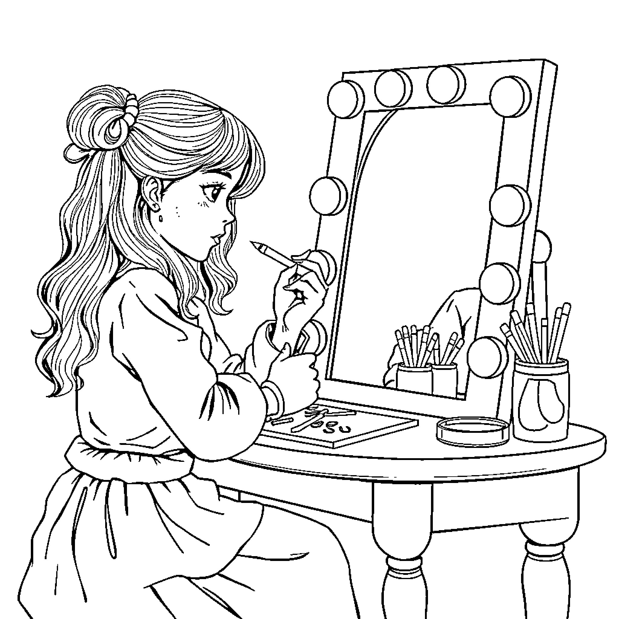 Girl Applying Makeup at Vanity Mirror Coloring Page (free black-and-white line drawing printable PDF for all, from beginners to advanced learners, including children, teens, adults, and seniors)
