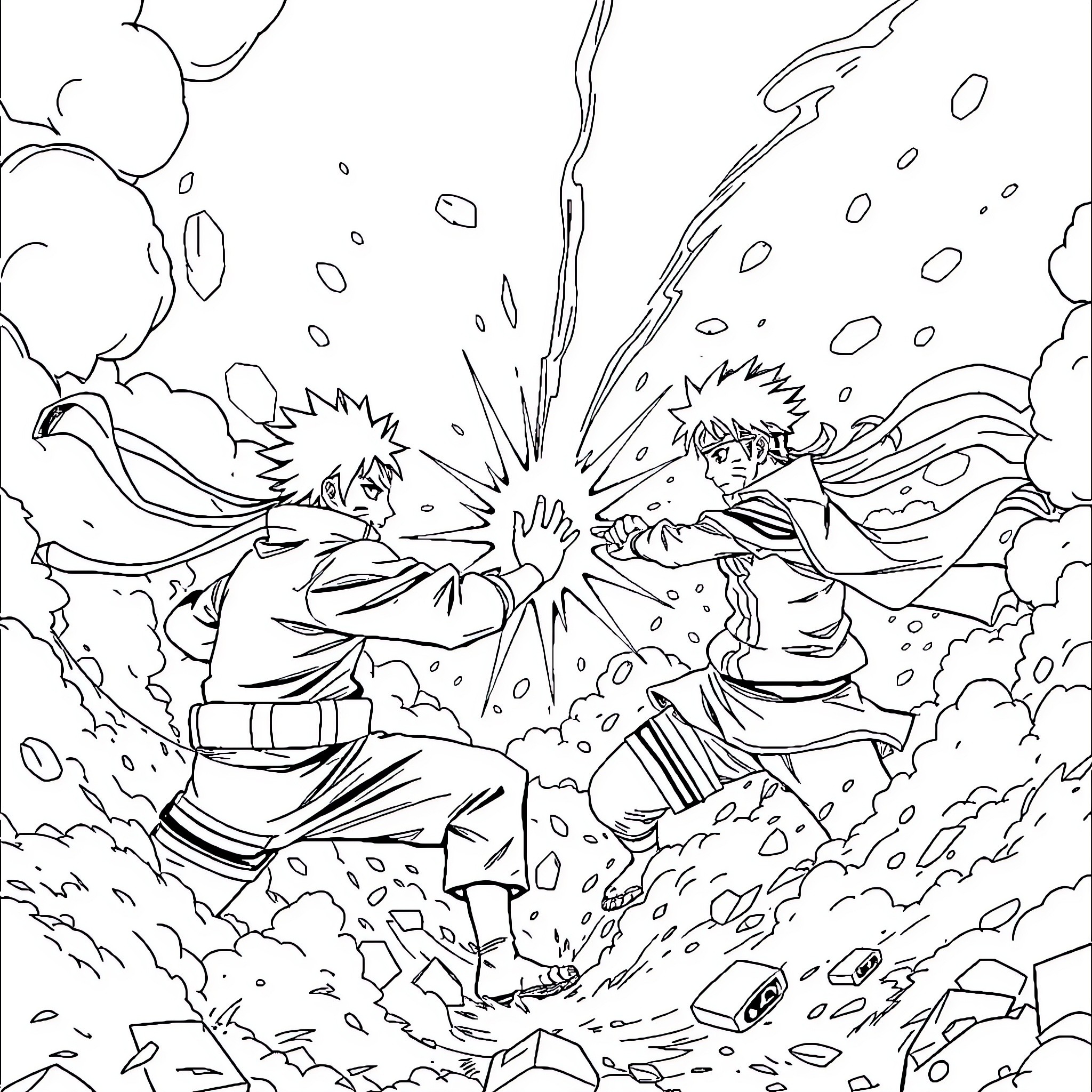 Naruto and Sasuke in intense battle Coloring Page (free black-and-white line drawing printable PDF for all, from beginners to advanced learners, including children, teens, adults, and seniors)