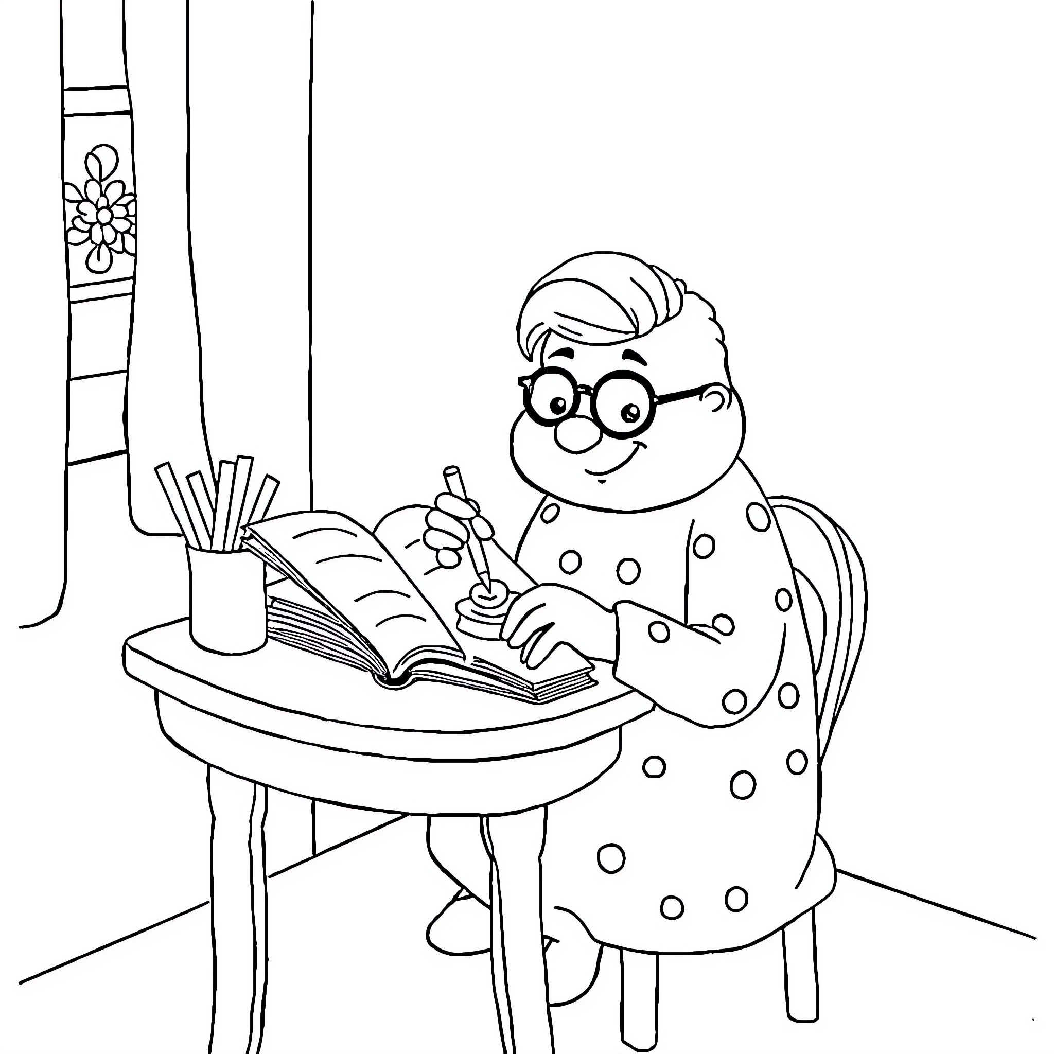 Grandma Reading a Book Happily Coloring Page (free black-and-white line drawing printable PDF for all, from beginners to advanced learners, including children, teens, adults, and seniors)