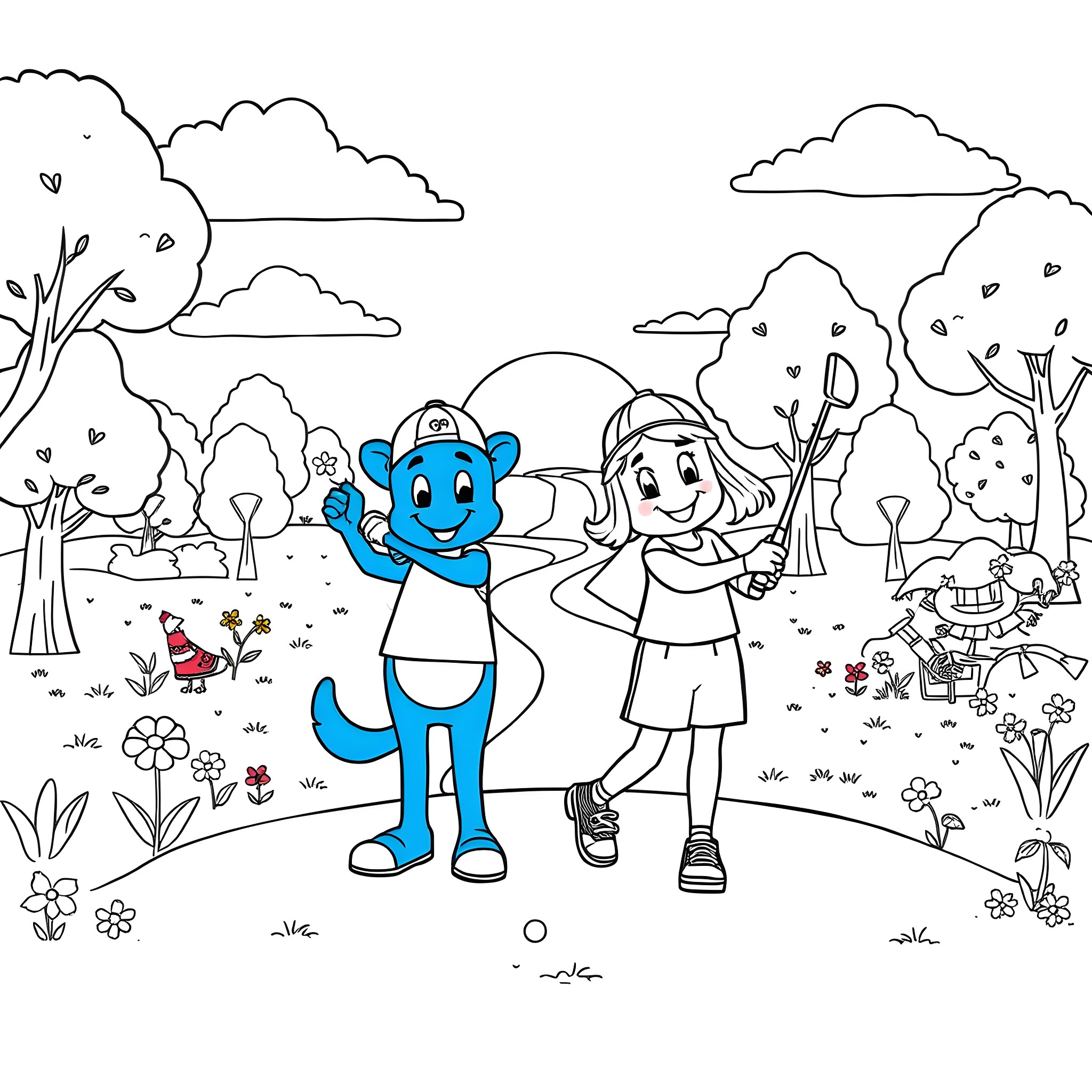 Bluey and friend exploring outdoor nature scene Coloring Page (free black-and-white line drawing printable PDF for all, from beginners to advanced learners, including children, teens, adults, and seniors)