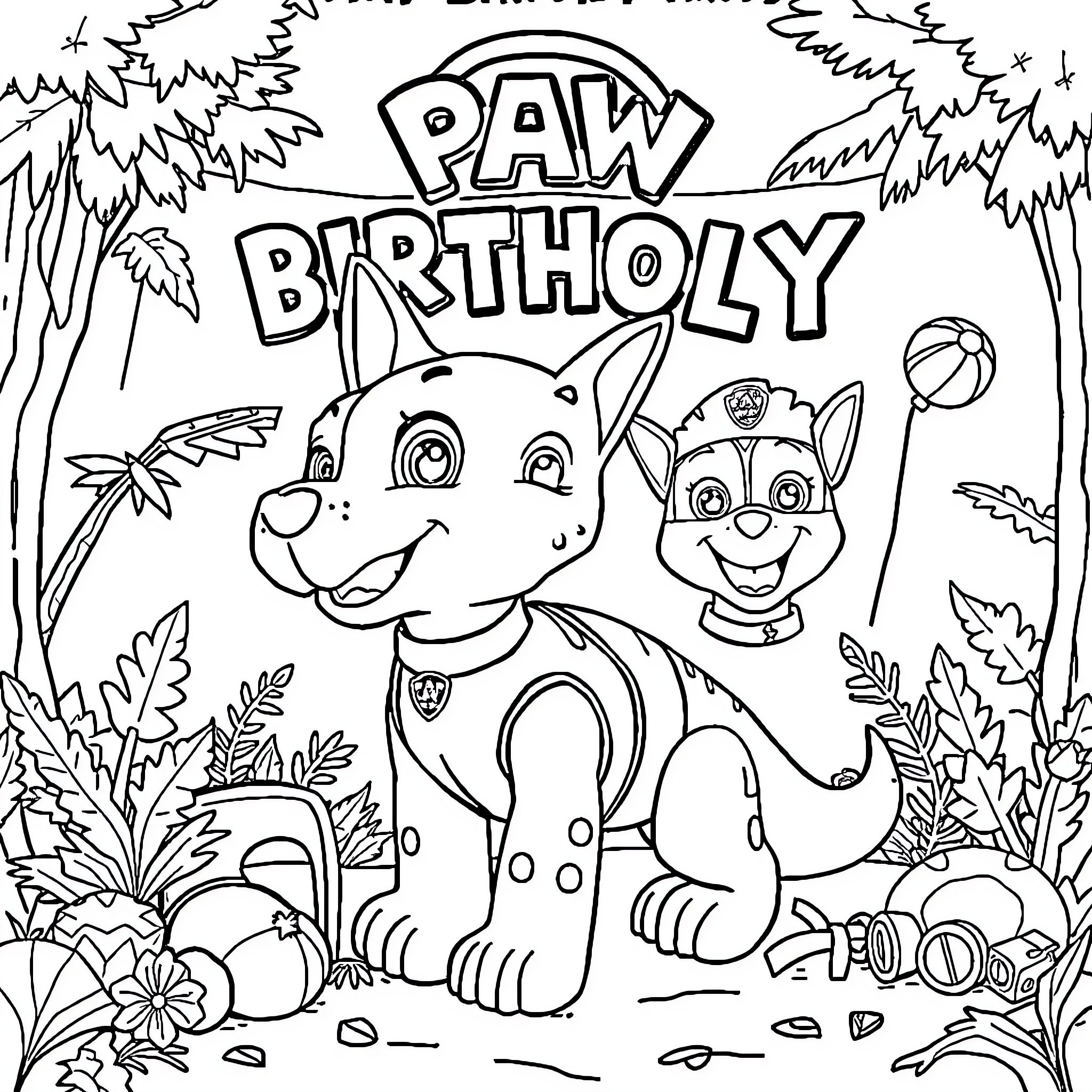 Dinosaur paw patrol in the jungle Coloring Page (free black-and-white line drawing printable PDF for all, from beginners to advanced learners, including children, teens, adults, and seniors)