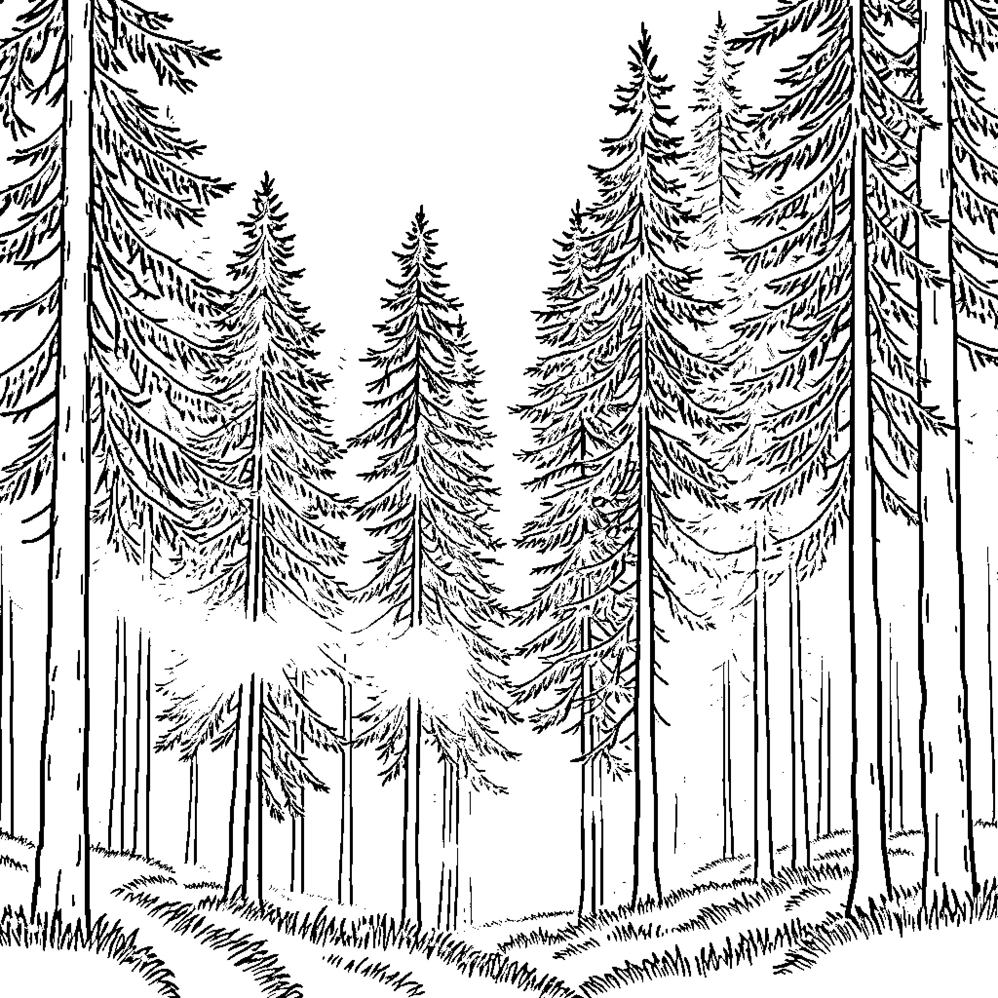 Forest scenery with pine trees and undergrowth Coloring Page (free black-and-white line drawing printable PDF for all, from beginners to advanced learners, including children, teens, adults, and seniors)