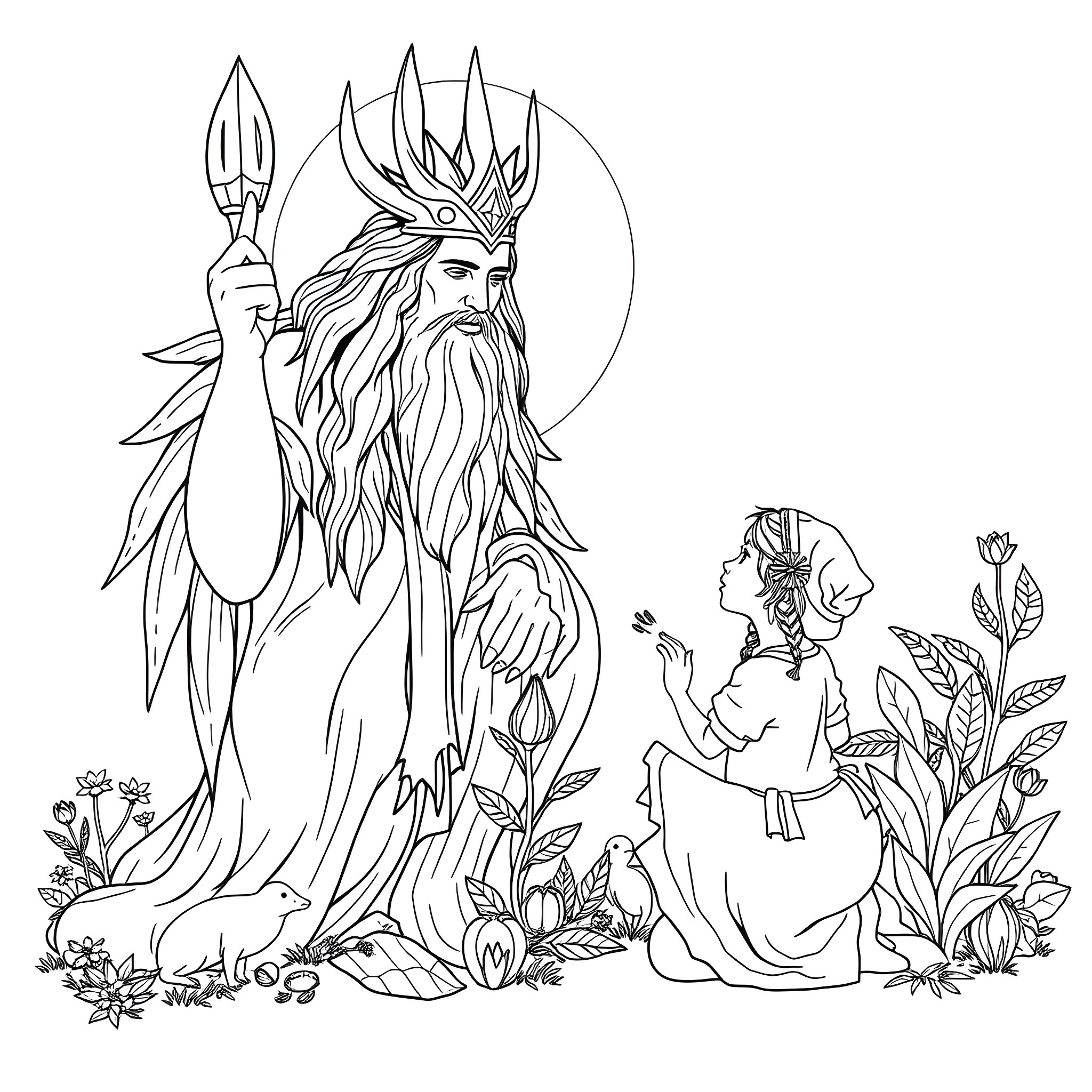 Great Spirit guiding a worshipper in nature Coloring Page (free black-and-white line drawing printable PDF for all, from beginners to advanced learners, including children, teens, adults, and seniors)
