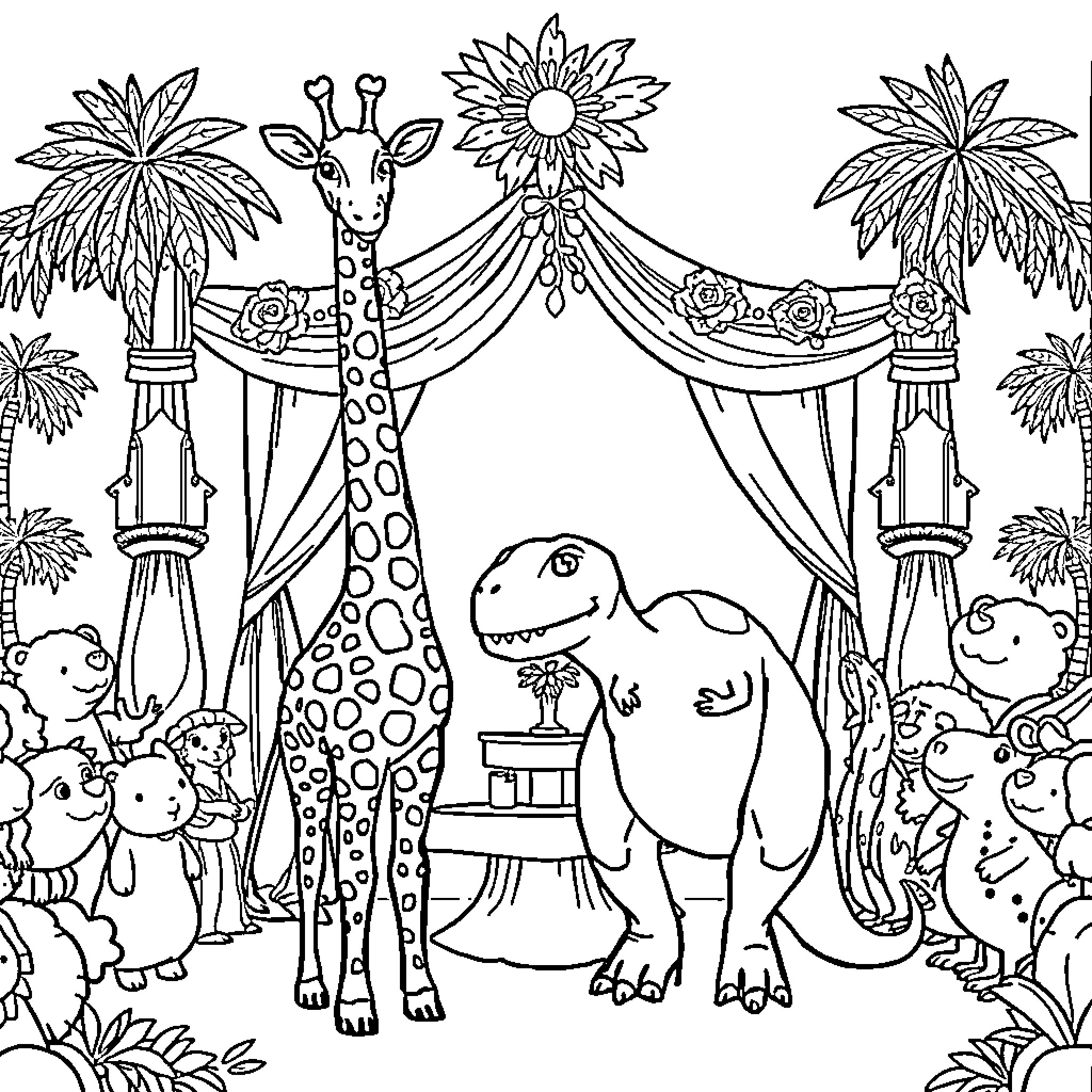 Giraffe and Dinosaur at Colorful Jungle Festival Coloring Page (free black-and-white line drawing printable PDF for all, from beginners to advanced learners, including children, teens, adults, and seniors)